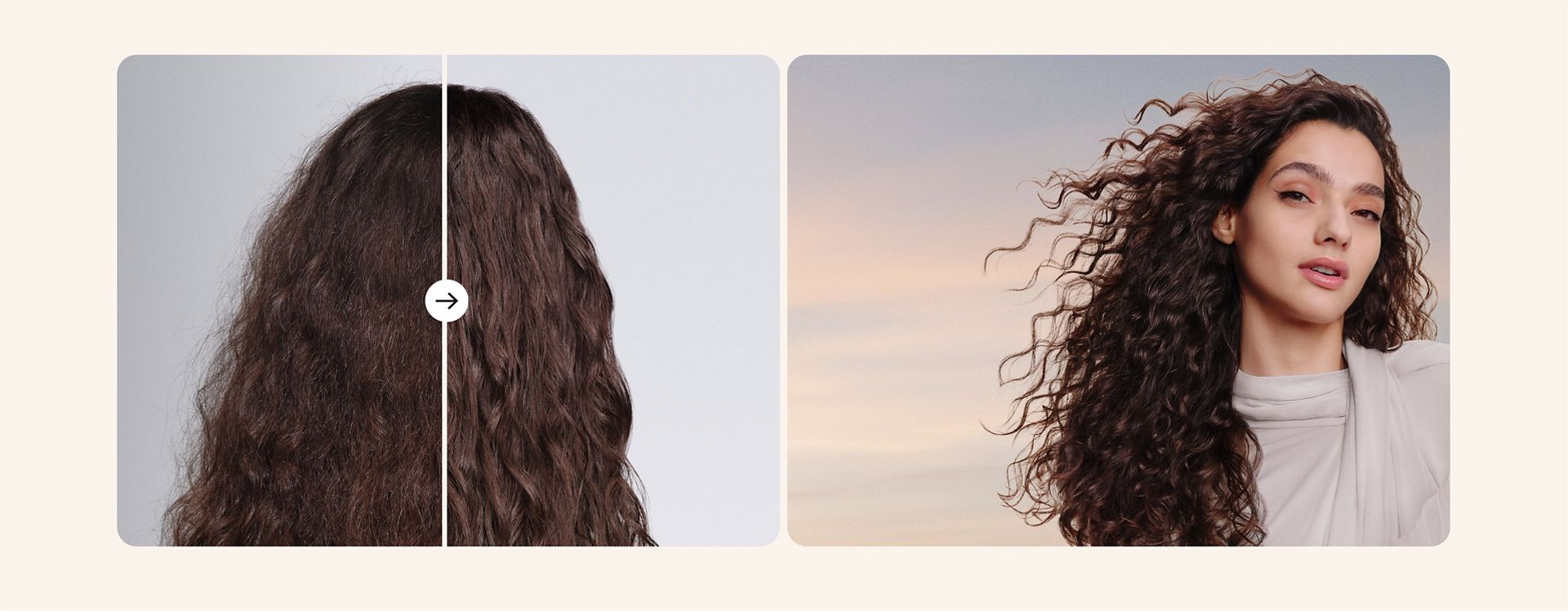 Before and after of curly hair dried and styled with the Dyson Supersonic Travel hair dryer.