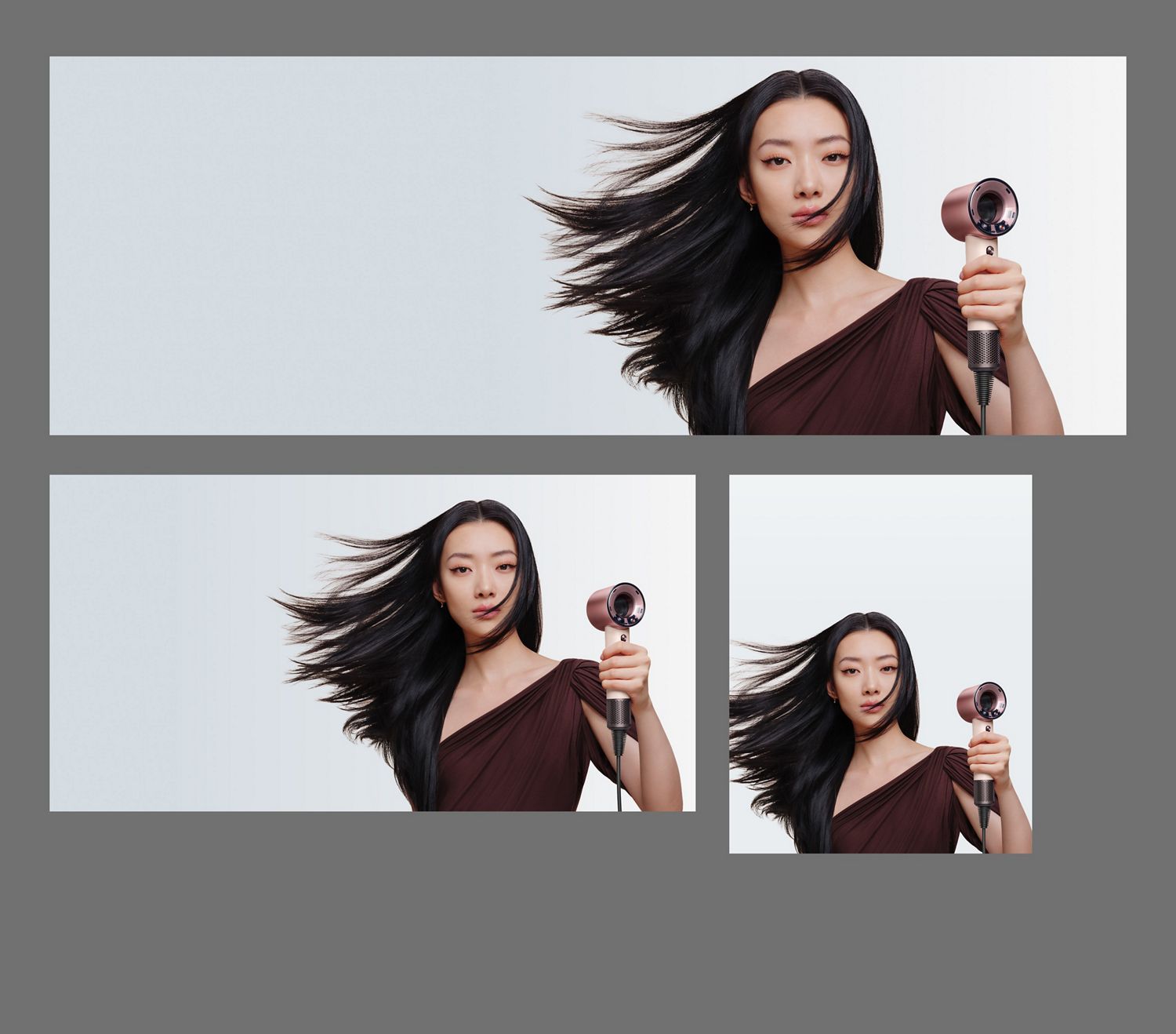 Une personne aux cheveux lisses et coiffés après avoir utilisé le sèche-cheveux Dyson SupersonicMC Travel.