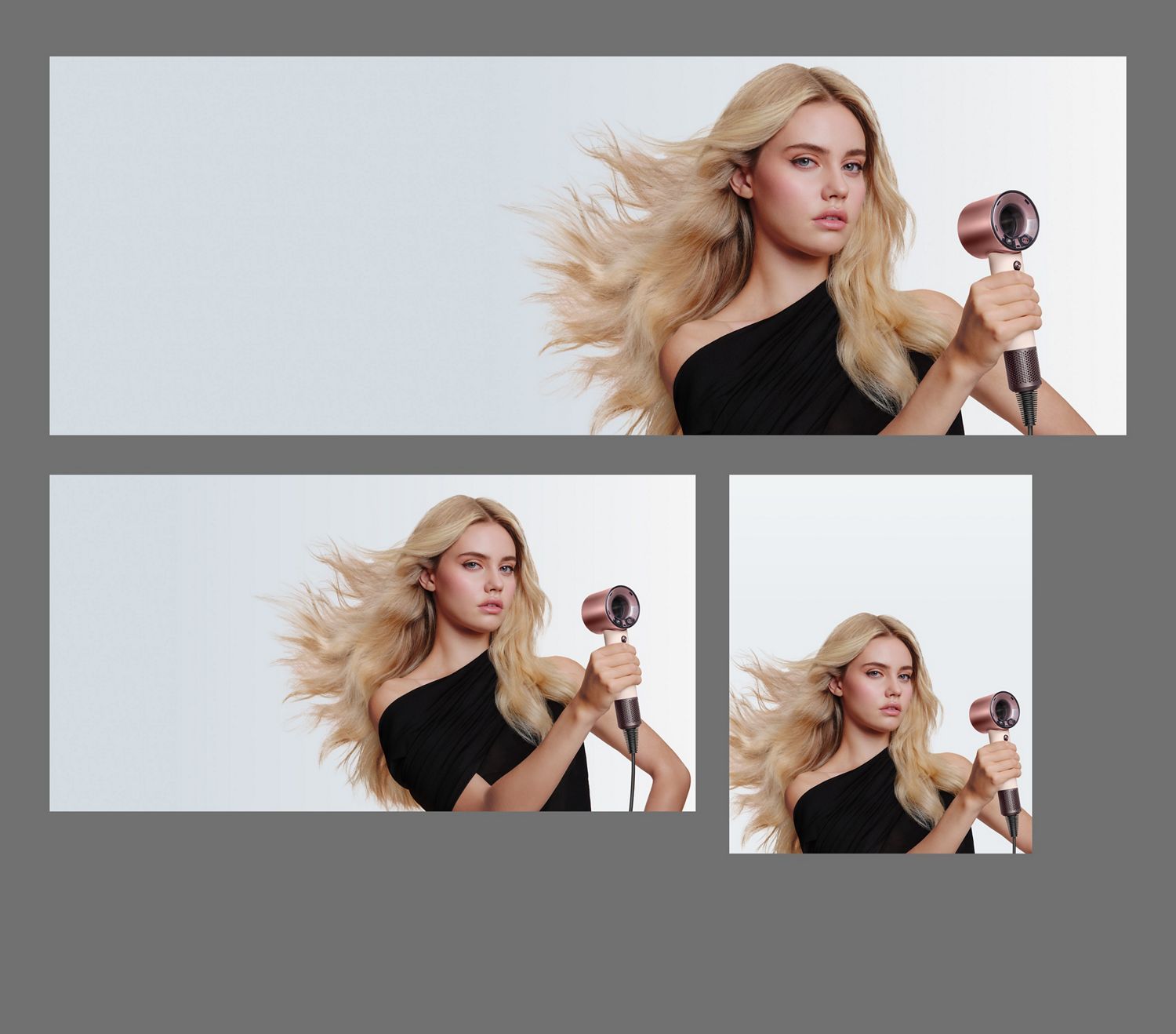Model with smooth, styled hair after using the Dyson Supersonic Travel hair dryer.