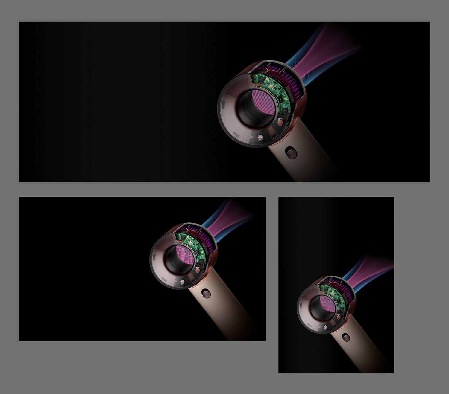 Cutaway showing the technology within and airflow through the Dyson Supersonic Travel hair dryer.