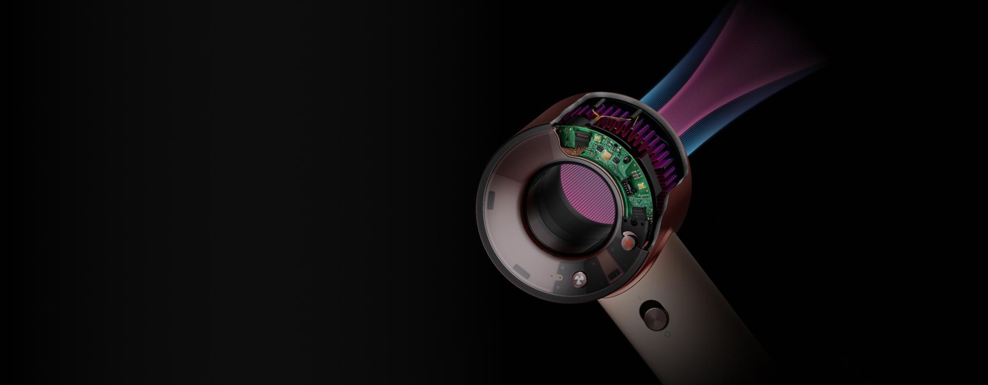 Cutaway showing the technology within and airflow through the Dyson Supersonic Travel hair dryer.