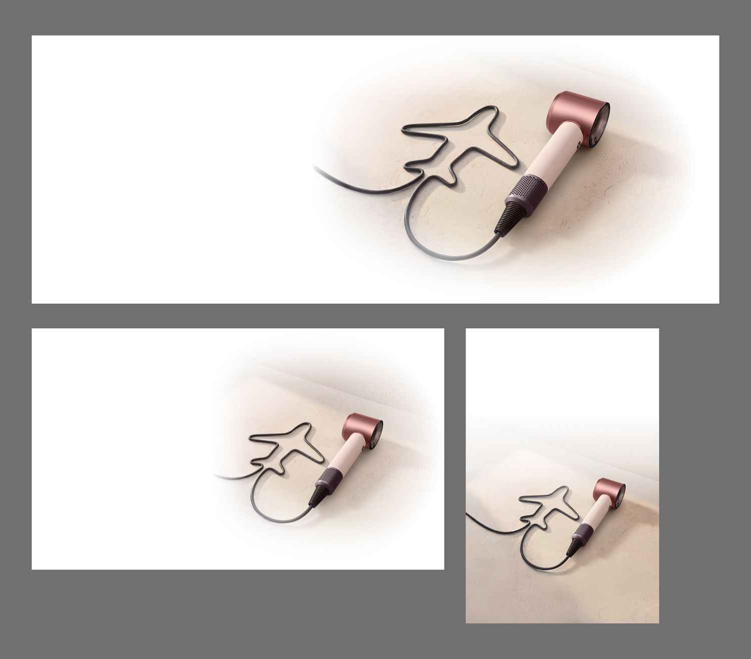 Dyson Supersonic Travel hair dryer with the cable shaped to resemble an aeroplane.