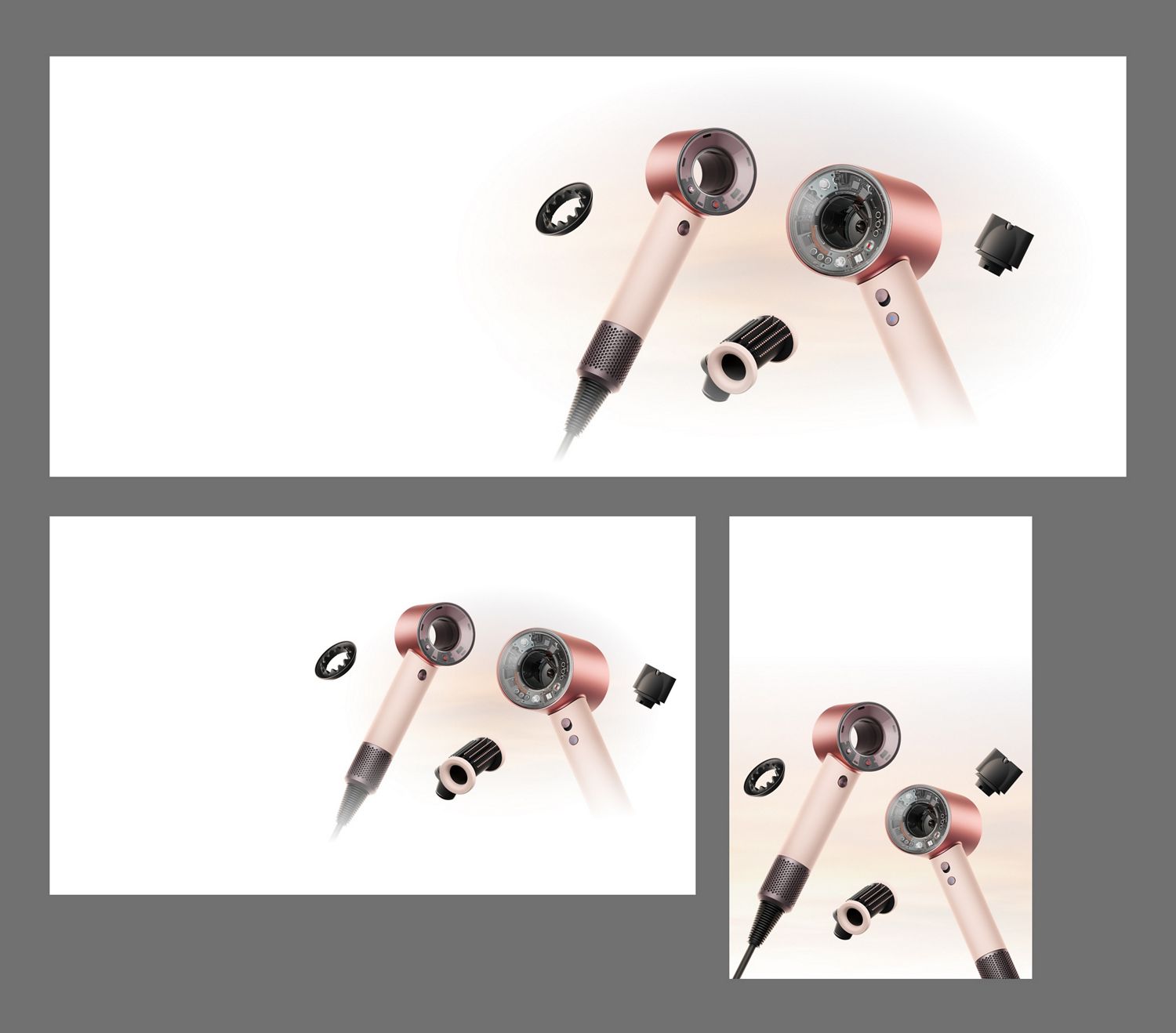 Dyson Supersonic Nural and Travel hair dryers surrounded by attachments.