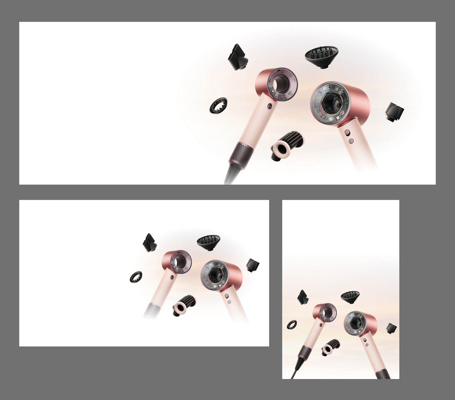 Dyson Supersonic Nural and Travel hair dryers surrounded by attachments.