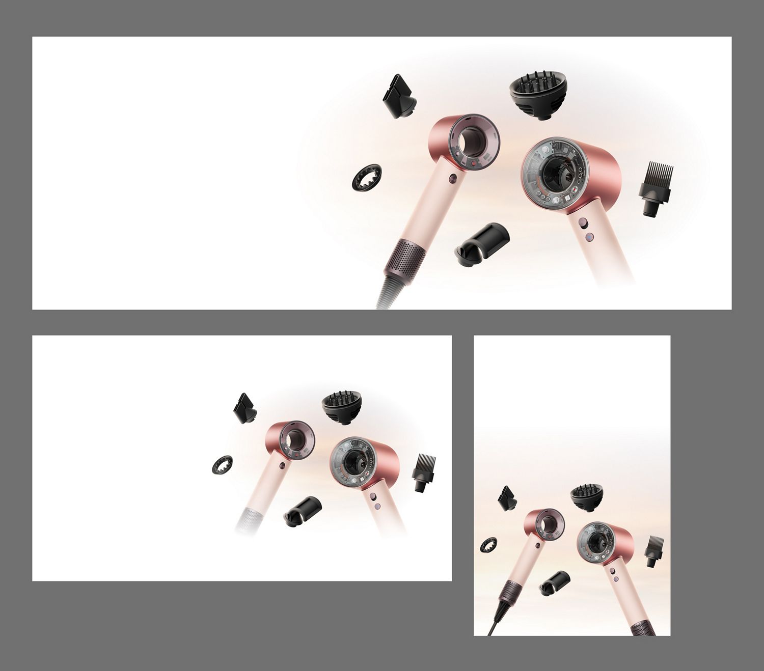 Dyson Supersonic Nural and Travel hair dryers surrounded by attachments.