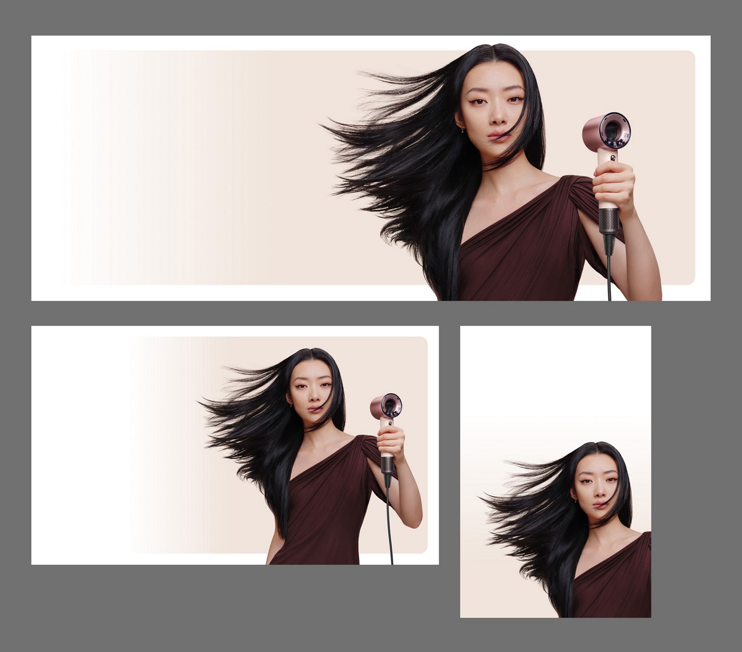 Model with smooth, styled hair after using the Dyson Supersonic Travel hair dryer.