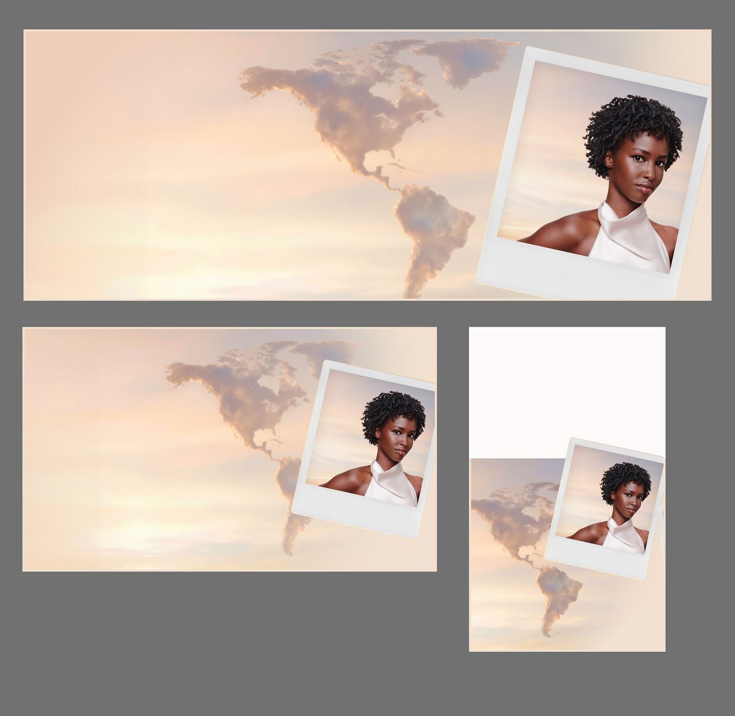 Clouds in the shape of the Americas, with a polaroid picture of a model and a diffuser attachment.