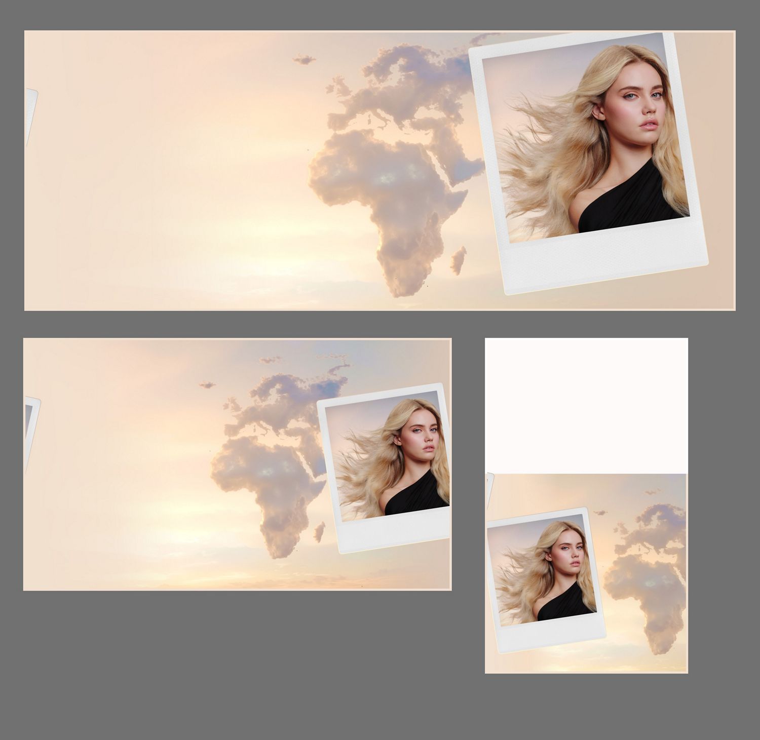 Clouds in the shape of Europe and Africa, with a polaroid picture of a model and a Styling concentrator attachment.