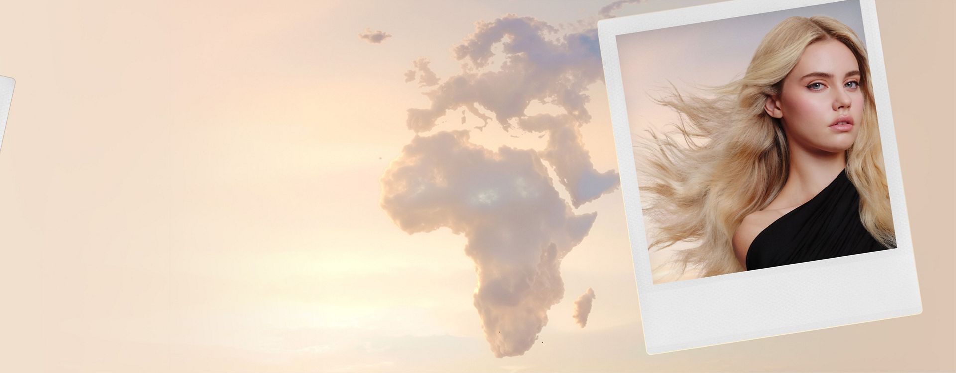 Awan-awan yang menyerupai peta Eropa dan Afrika, dengan foto polaroid seorang model dan aksesori Styling concentrator.