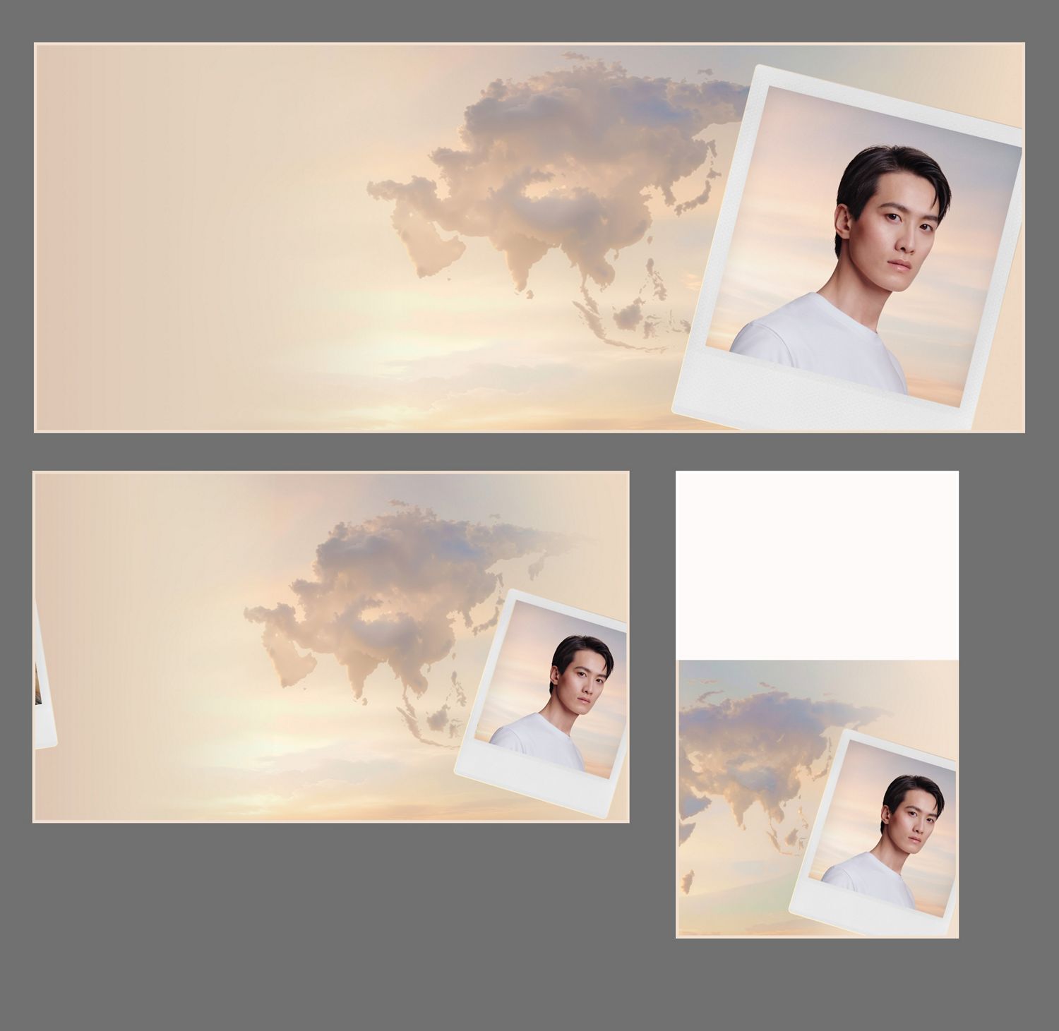 Clouds in the shape of Asia, with a polaroid picture of a model and a Smoothing nozzle attachment.