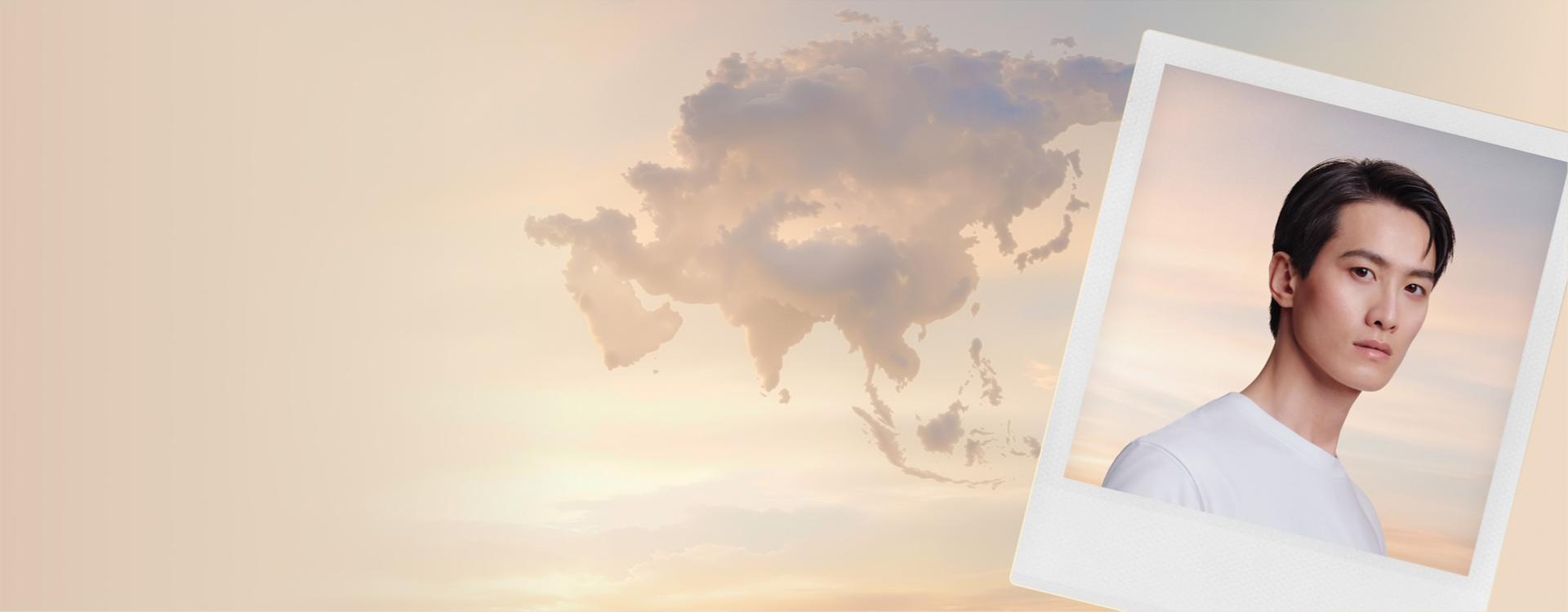Awan-awan yang menyerupai peta benua Asia, dengan foto polaroid seorang model dan aksesori Smoothing nozzle.
