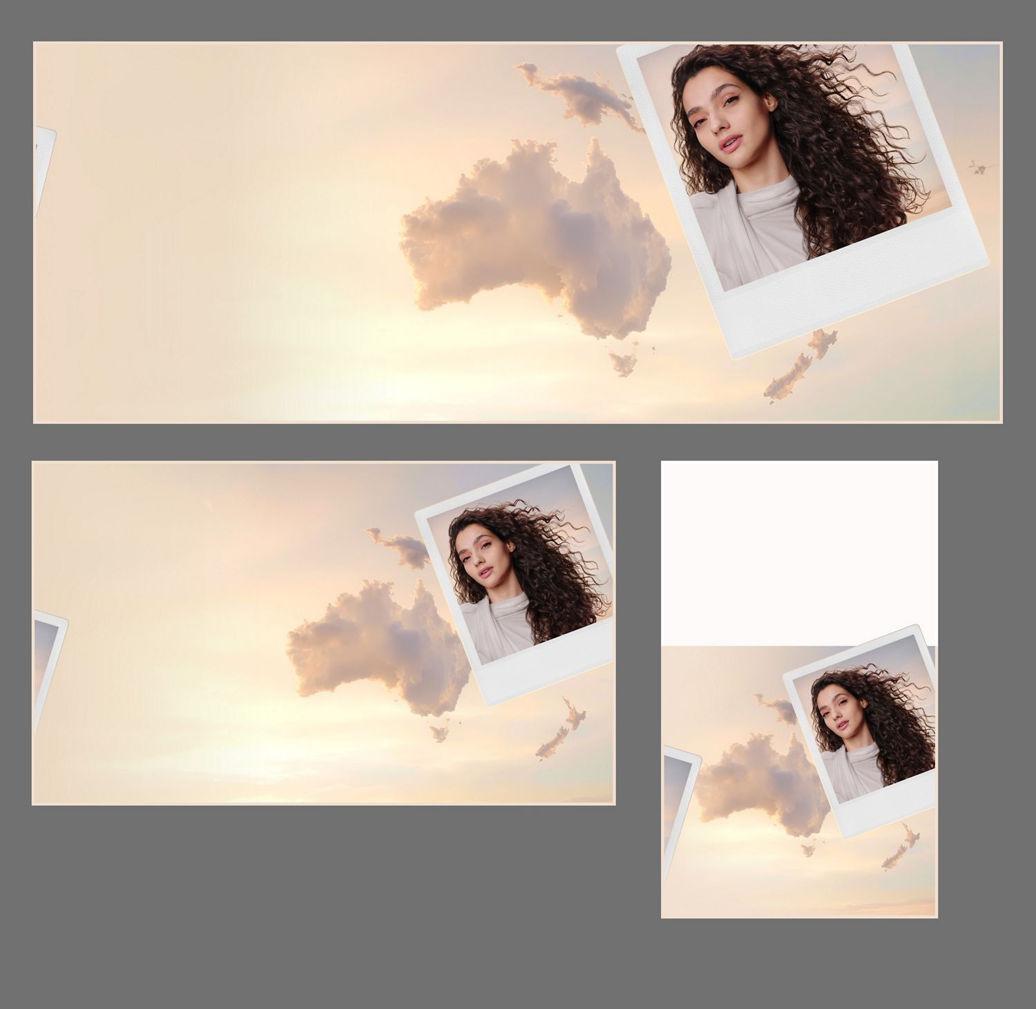 Clouds in the shape of Australia, with a polaroid picture of a model and a Wide-tooth comb attachment.