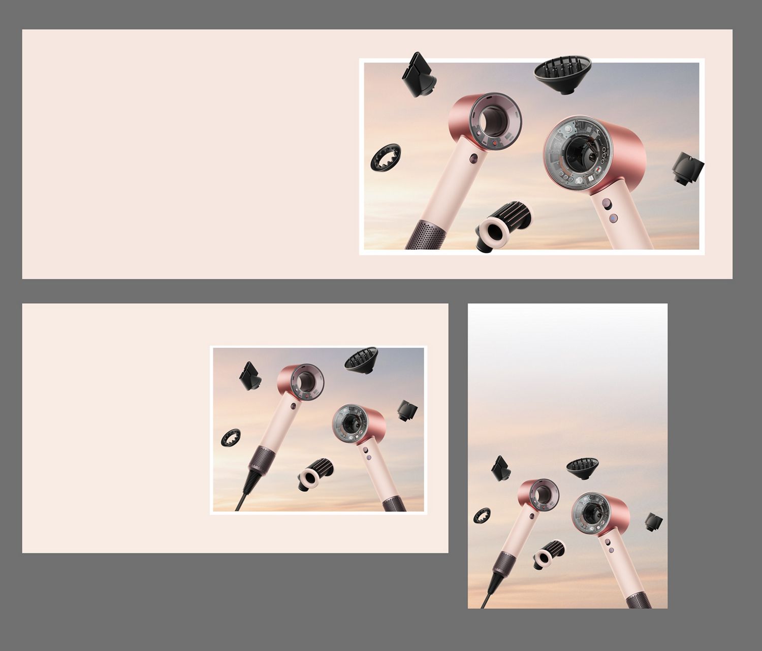 Dyson Supersonic Nural and Travel hair dryers surrounded by attachments.