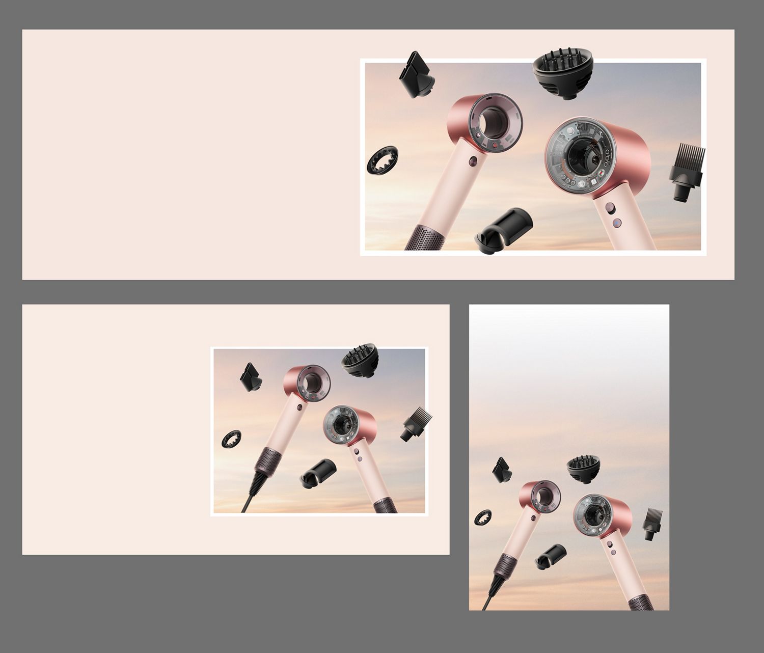 Dyson Supersonic Nural and Travel hair dryers surrounded by attachments.