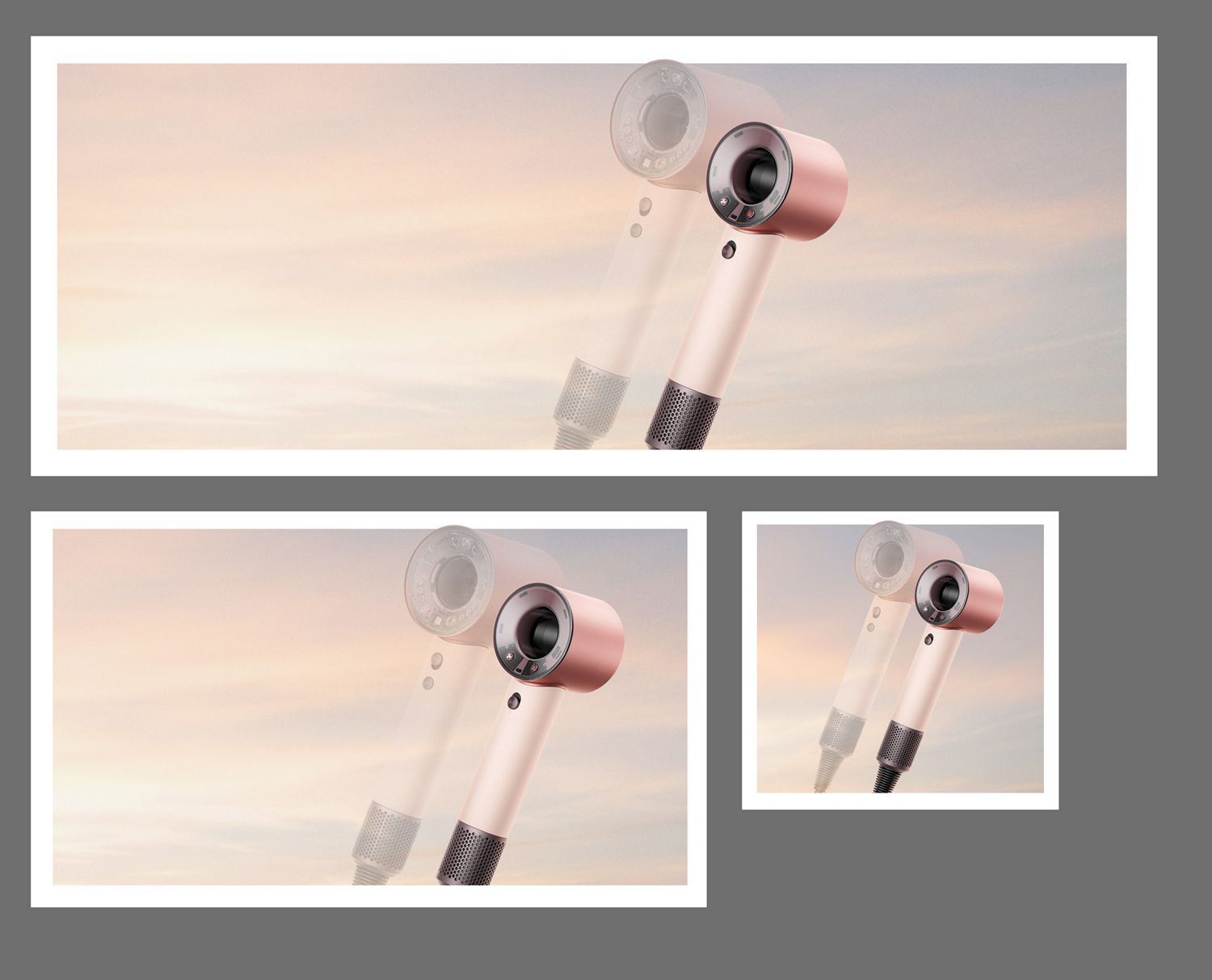L'asciugacapelli Dyson Supersonic Travel con l'alba come sfondo e un asciugacapelli Dyson Supersonic Nural trasparente.