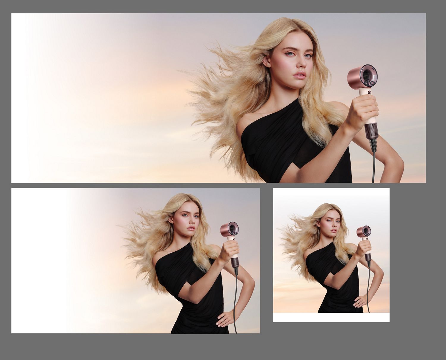 Una modelo con el pelo rubio, liso y ondulado, sostiene el secador de pelo Dyson Supersonic Travel.