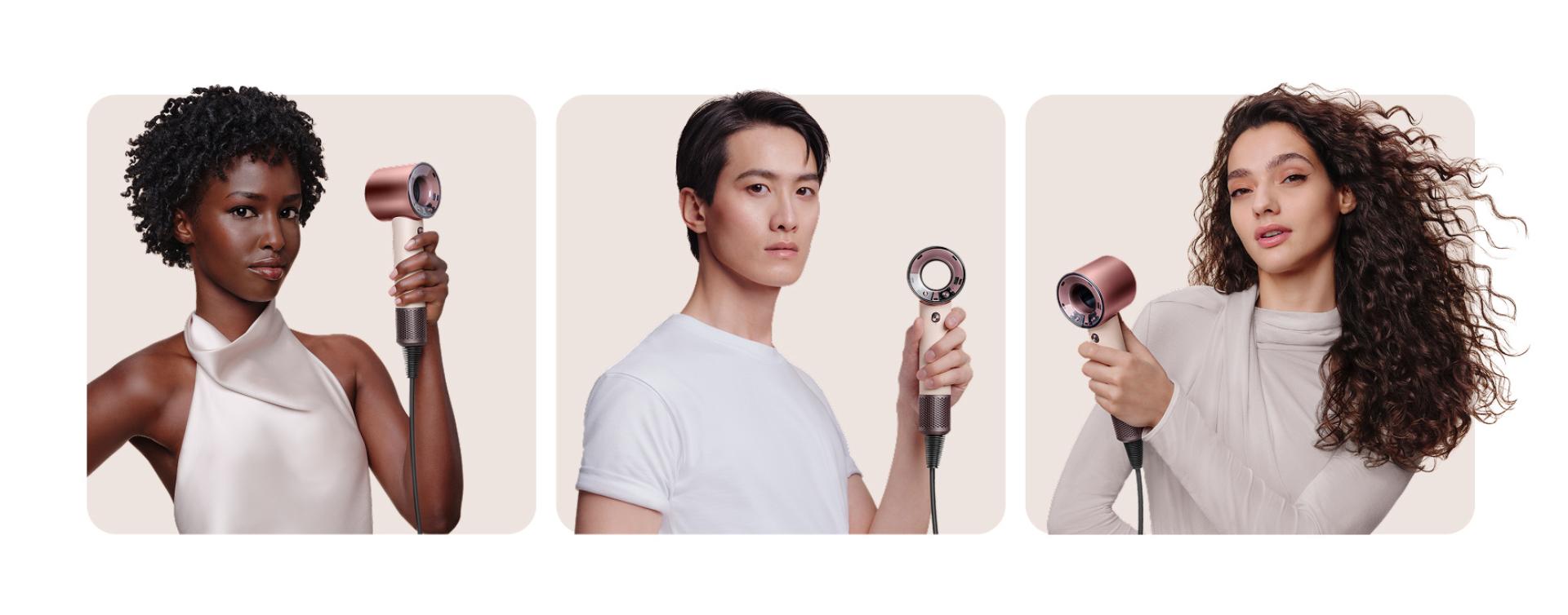 Collection of models with different hair types holding the Dyson Supersonic Travel hair dryer.