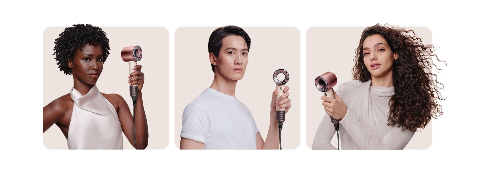 Collection of models with different hair types holding the Dyson Supersonic Travel hair dryer.