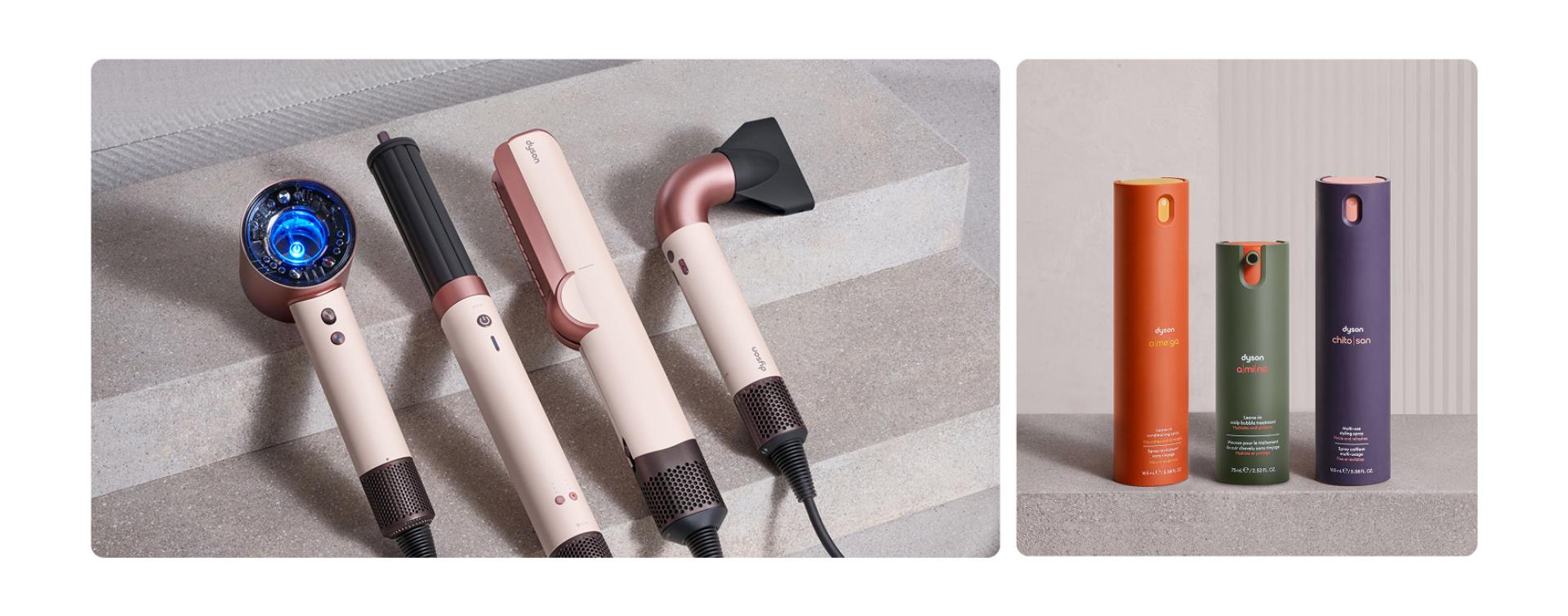 A range of Dyson Beauty devices and hair care products.
