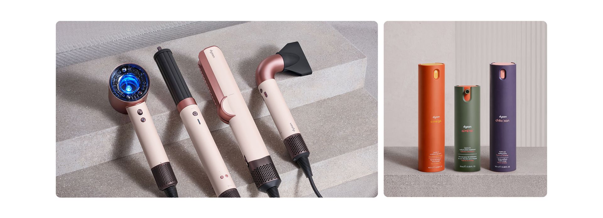 A range of Dyson Beauty devices and hair care products.