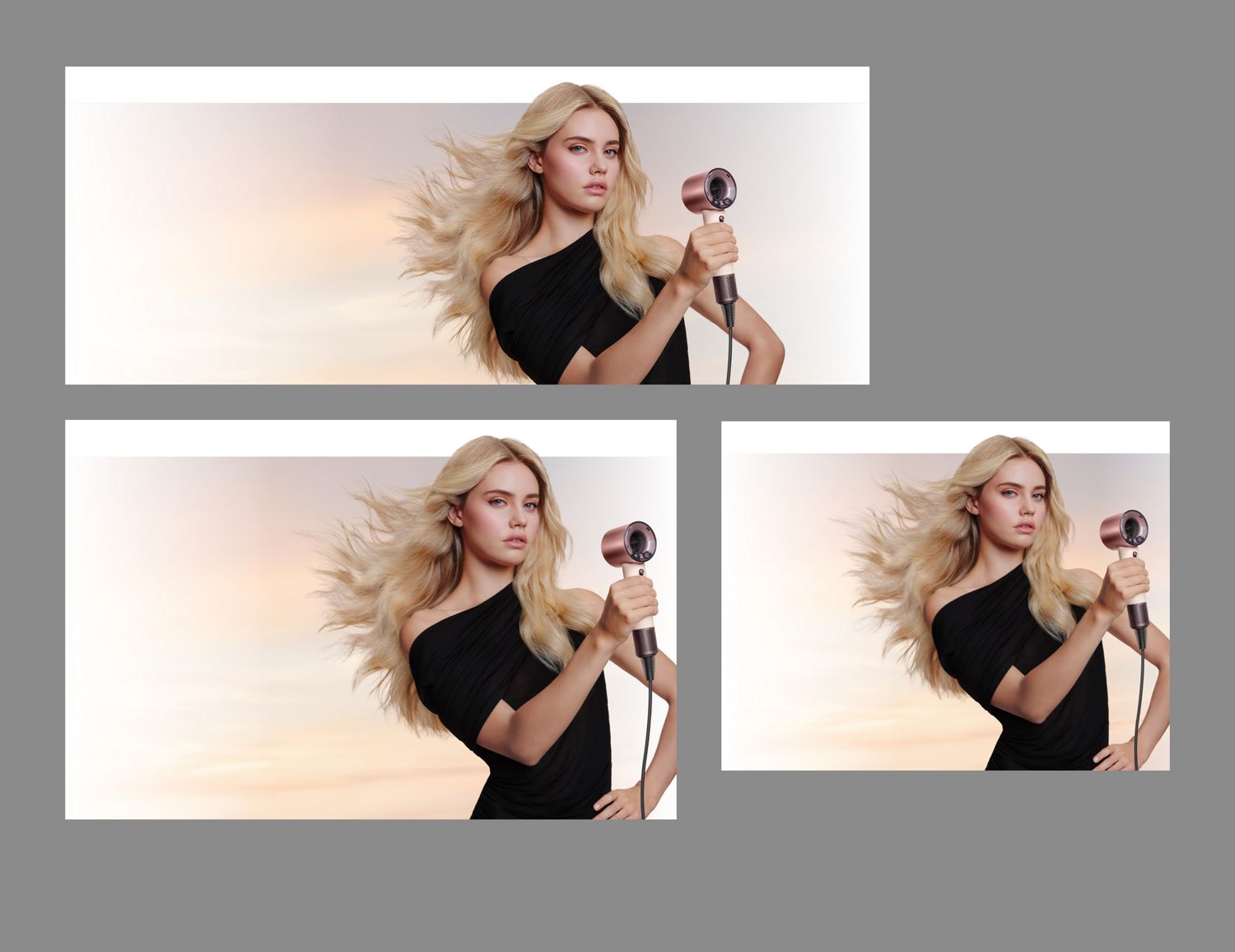 A female model with straight and wavy styling dries her blonde hair with the Dyson Supersonic Travel hair dryer.