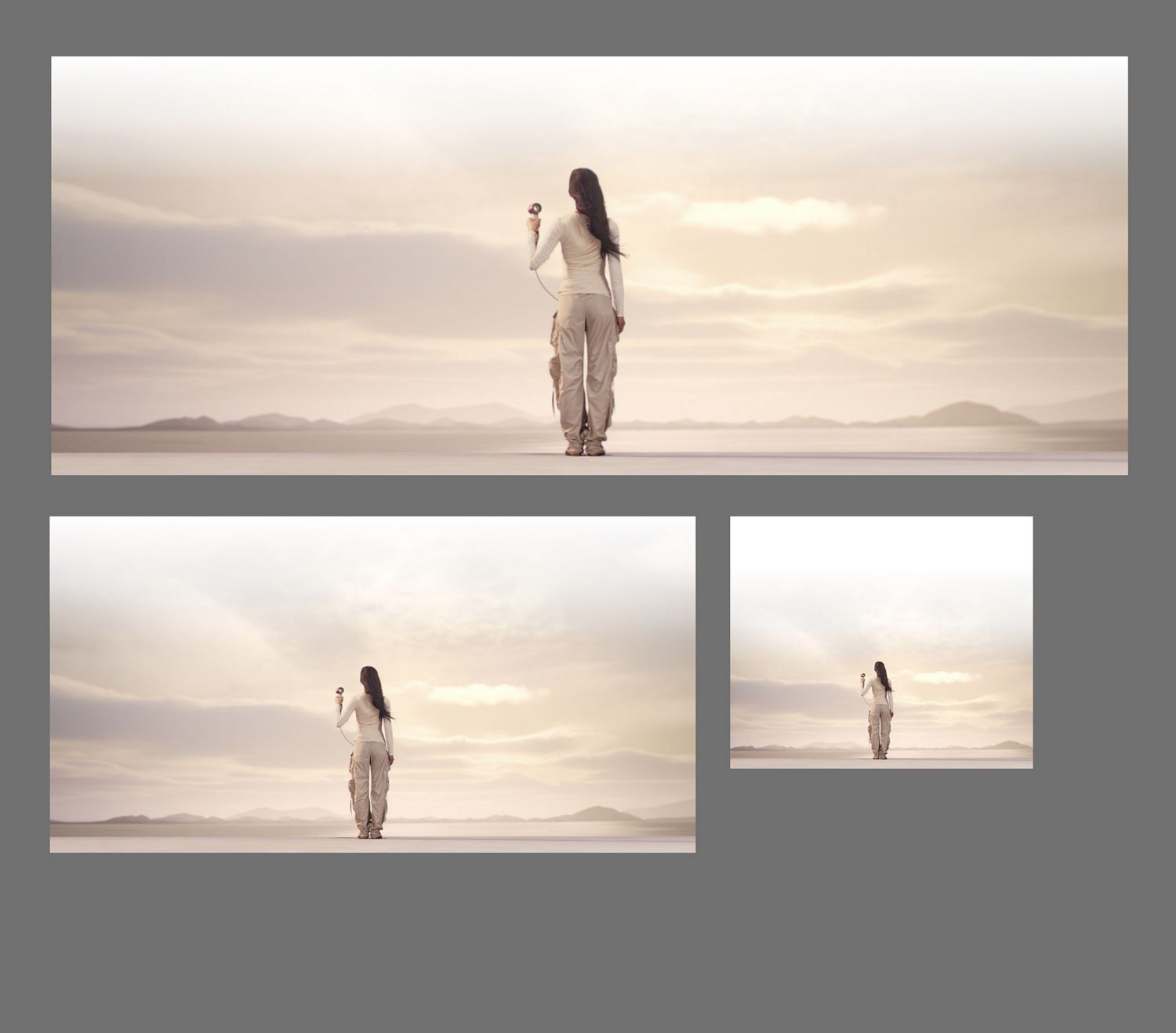 A model holds the Dyson Supersonic Travel hair dryer in front of an open landscape.