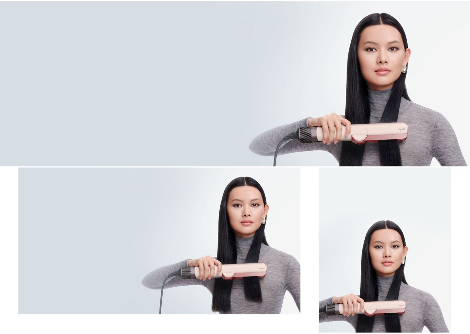 Model straightens her hair with the Dyson Airstrait dryer and straightener.