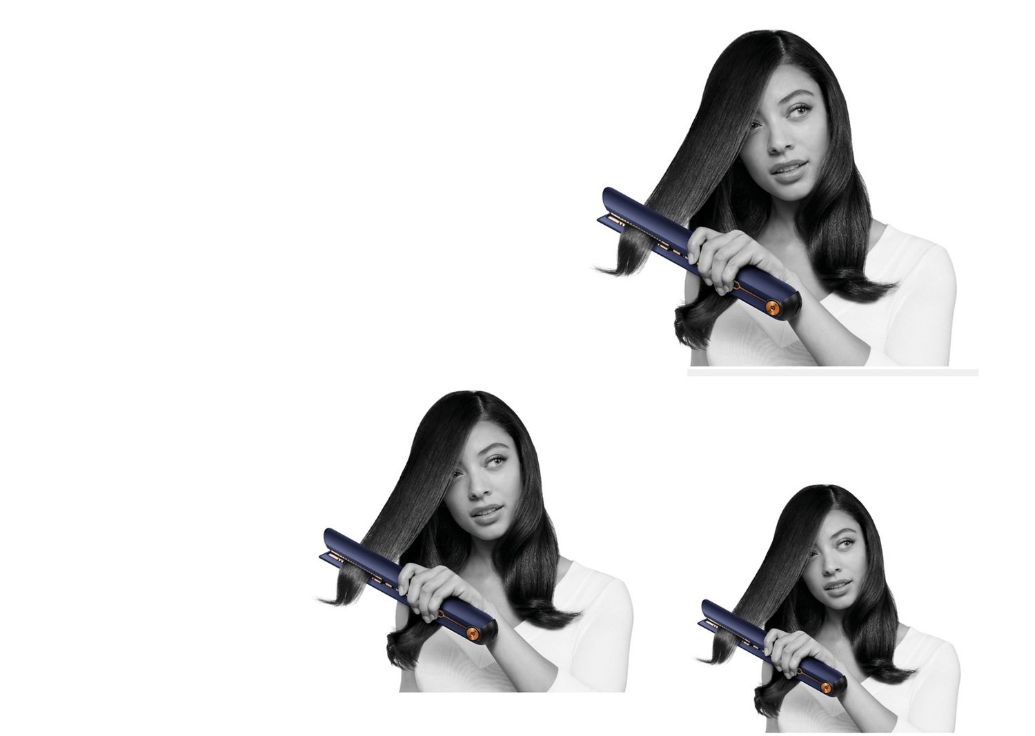 Model straightens her hair with the Dyson Corrale straightener.