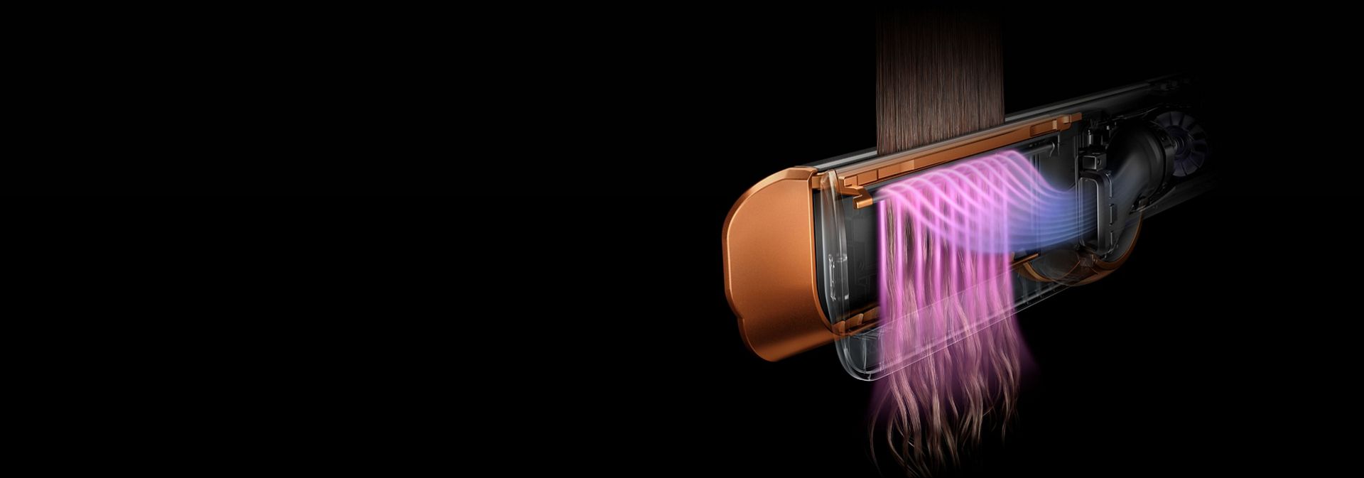 Läbilõike graafik, mis näitab, kuidas õhk juhitakse läbi Dyson Airstrait fööni ja sirgendaja harude.