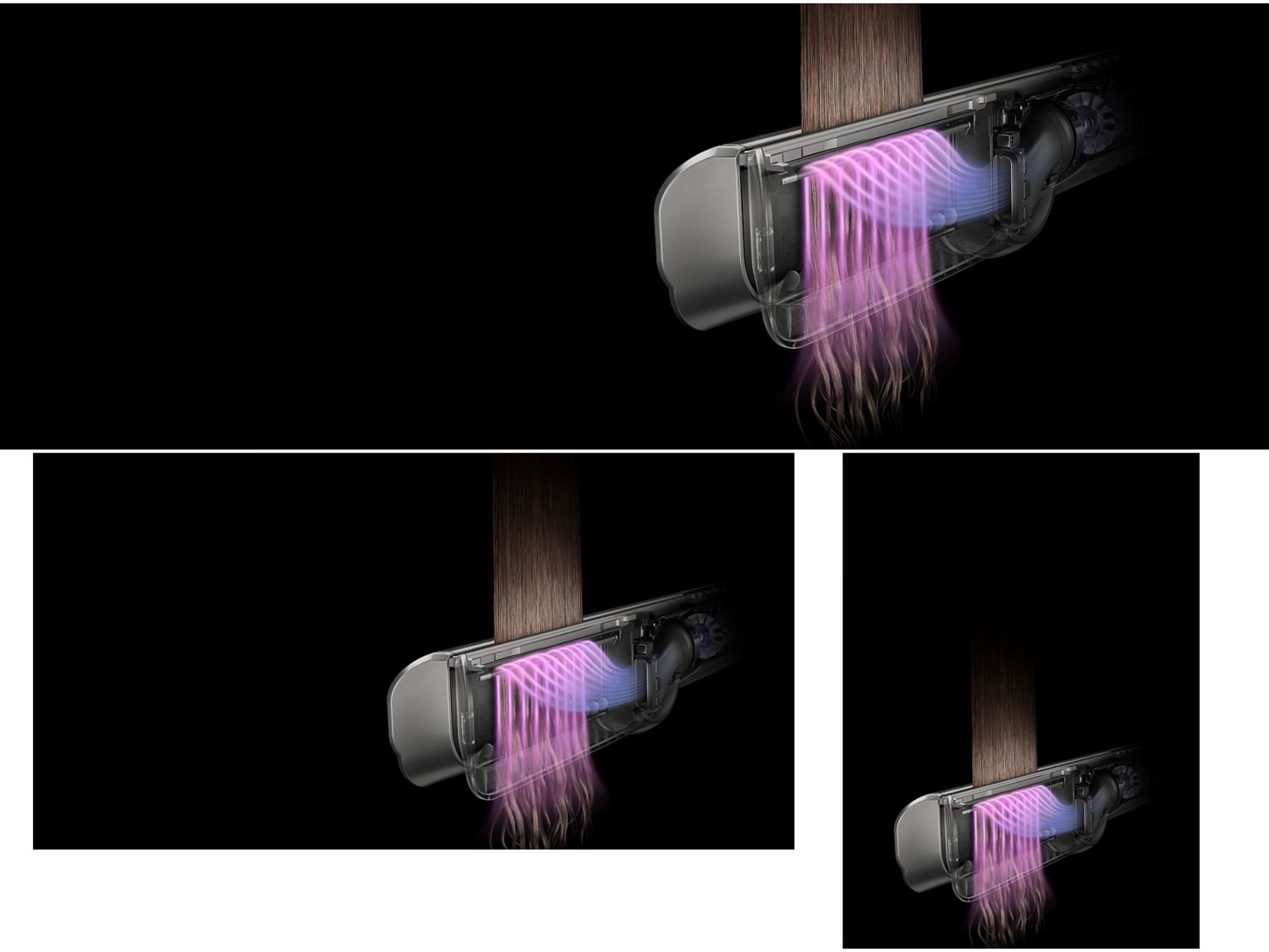Die Schnittgrafik zeigt den Luftstrom im Dyson Airstrait Haartrockner und -glätter.