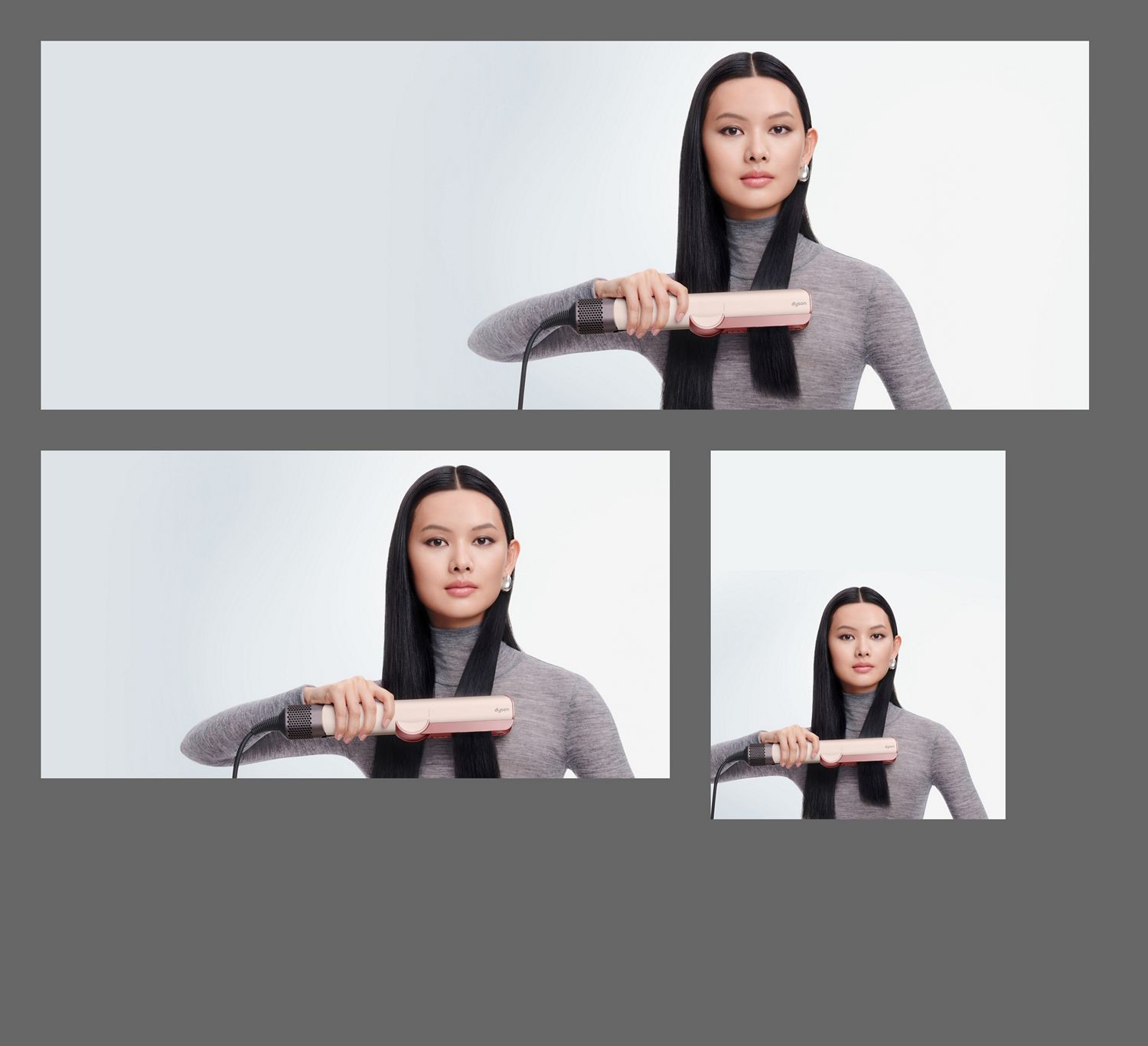 Ein Modell glättet ihr Haar mit dem Dyson Airstrait Haartrockner und -glätter.
