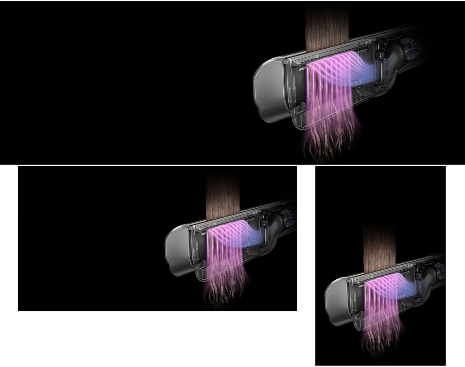 La imagen en corte muestra el flujo de aire en el interior de la plancha secador Dyson Airstrait.