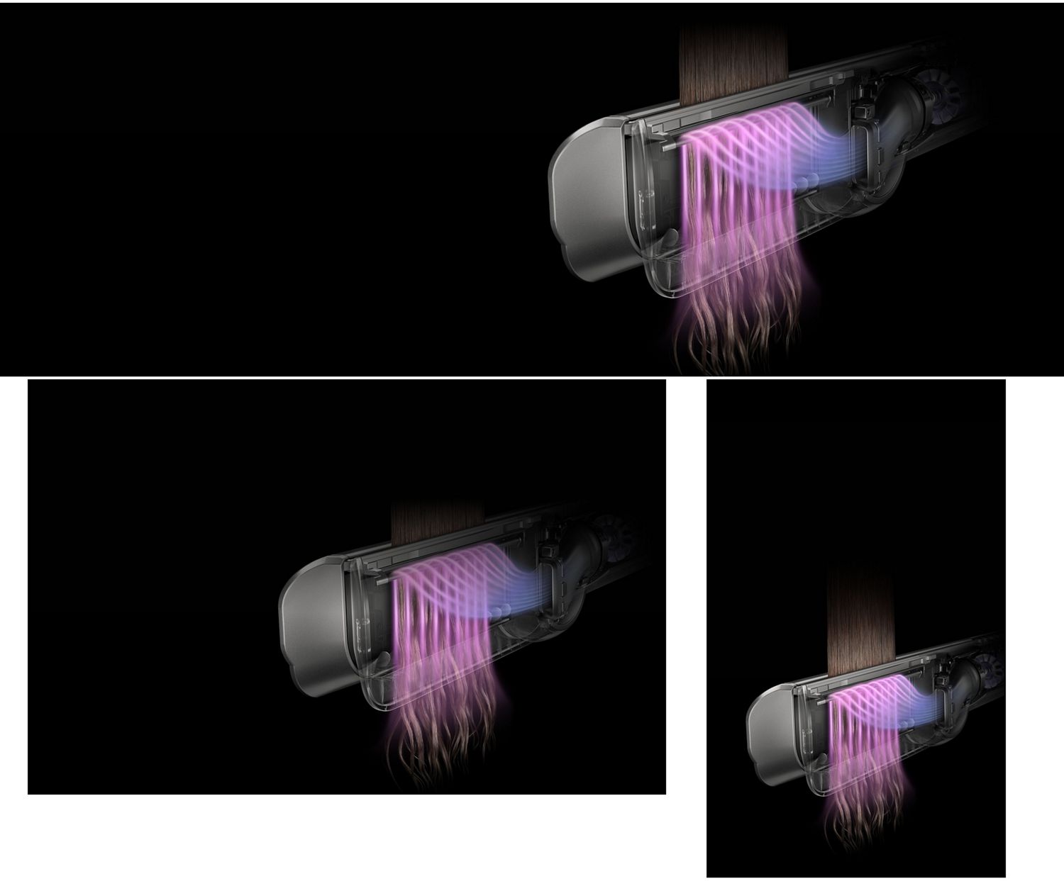 Aufgeschnittene Darstellung des Luftstroms durch den Dyson Airstrait Haartrockners und -glätter.