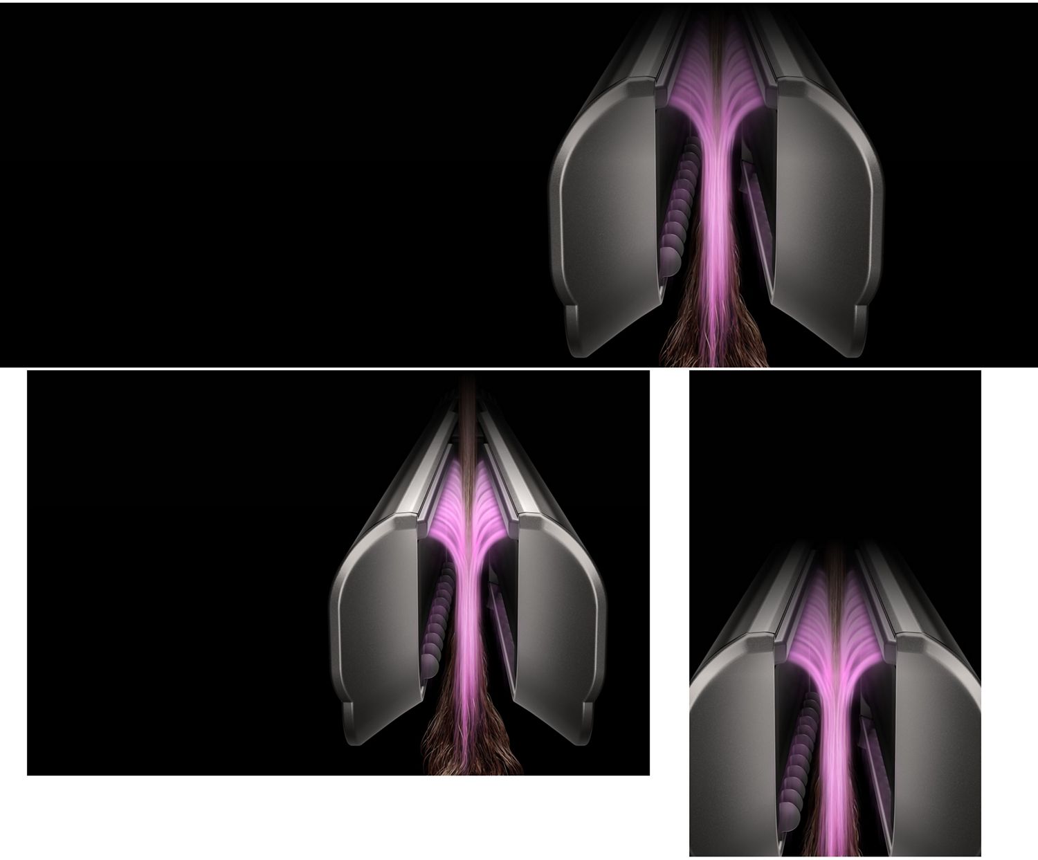 Pinke Grafiken zeigen den Luftstrom über den integrierten Kamm auf dem Dyson Airstrait Haartrockner und -glätter.