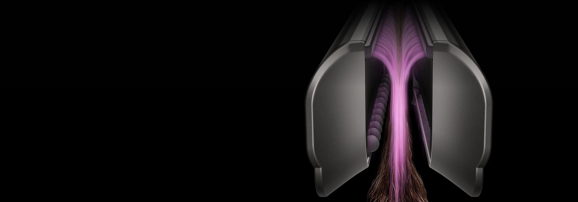 粉紅色圖示顯示氣流如何經 Dyson Airstrait 二合一吹風直髮器的內置梳齒設計。