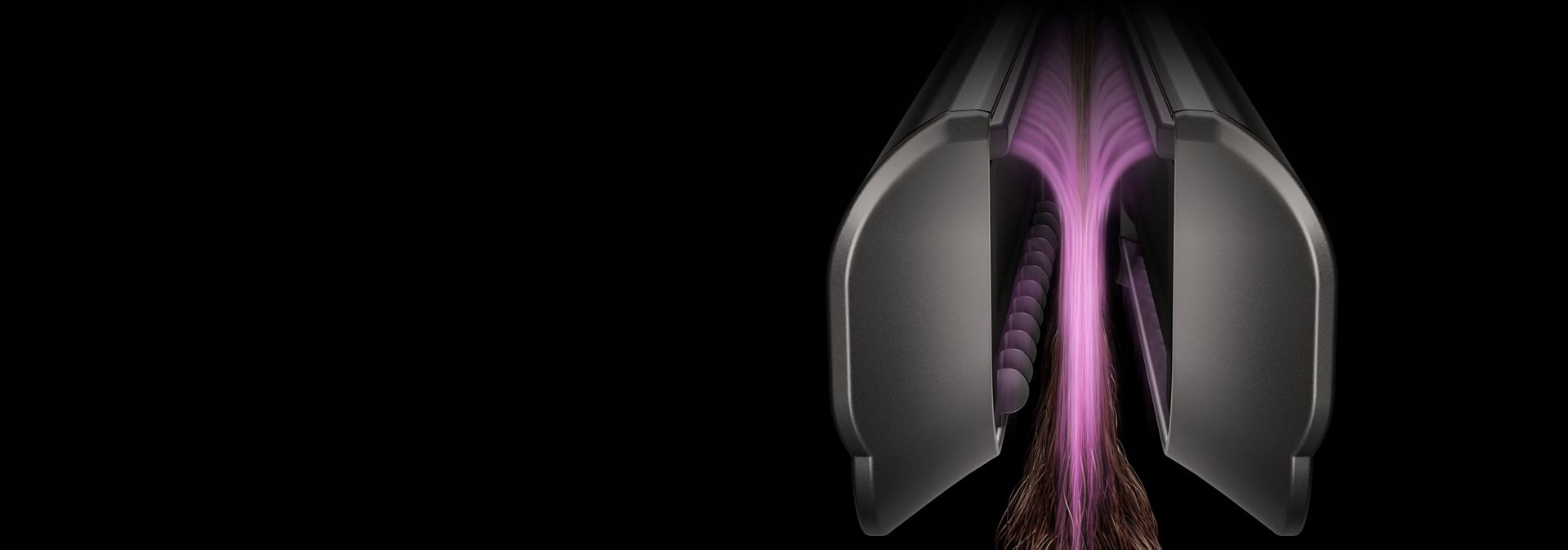 粉紅色圖示顯示氣流如何經 Dyson Airstrait 二合一吹風直髮器的內置梳齒設計。