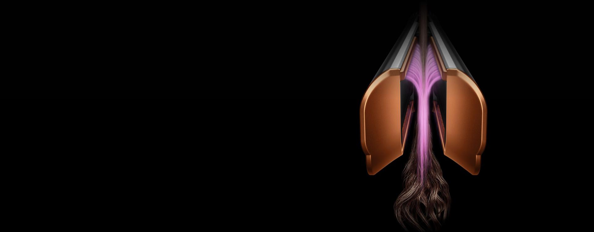 Pink graphics show the airflow through the Dyson Airstrait arms.