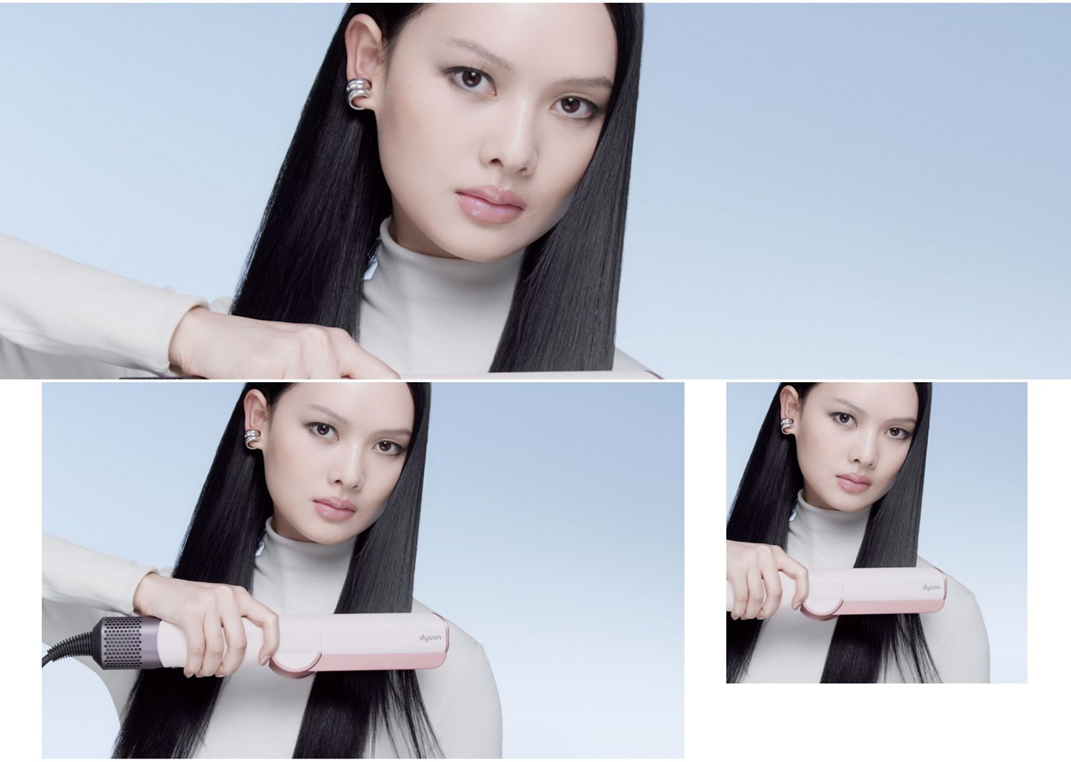 Modell mit Haaren, gestylt mit dem Dyson Airstrait Haartrockner und -glätter.