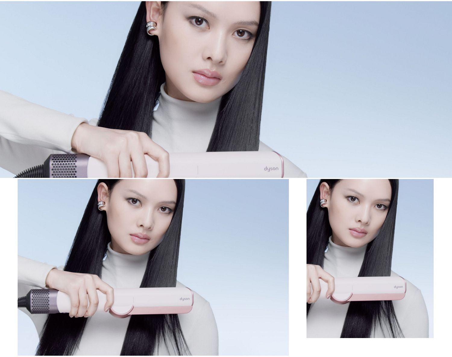 La modelo se alisa el cabello con la plancha secador Dyson Airstrait.