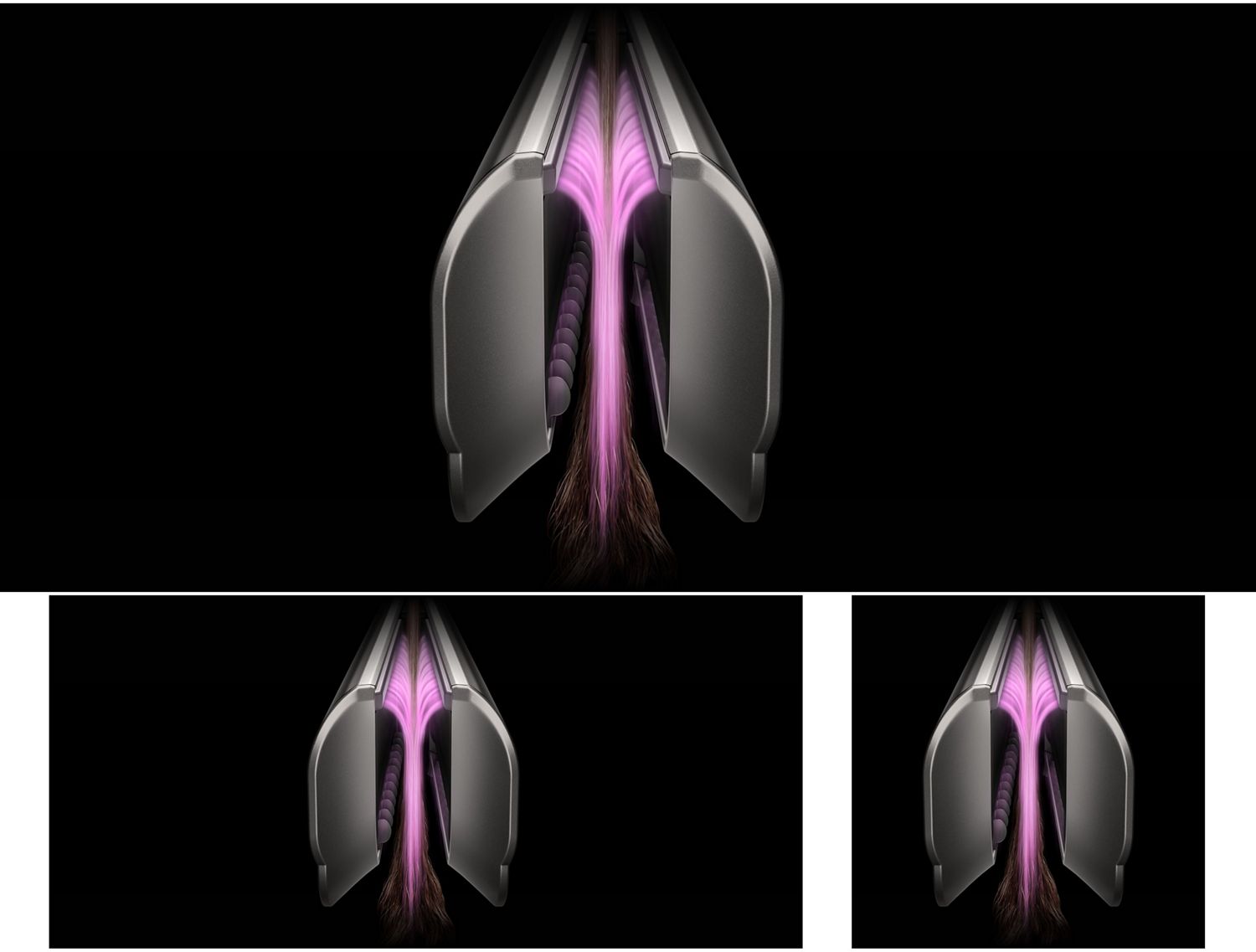 Los gráficos en rosa muestran el flujo de aire sobre el peine integrado en la plancha secador Dyson Airstrait.