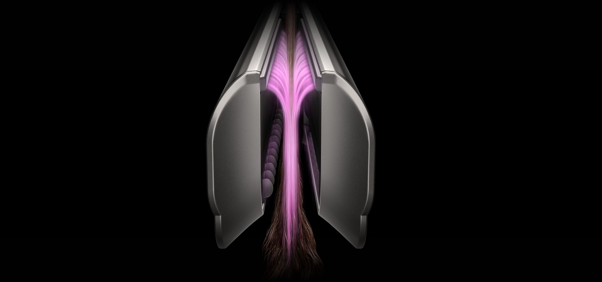 Pink graphics show the airflow over the integrated comb on the Dyson Airstrait dryer and straightener.
