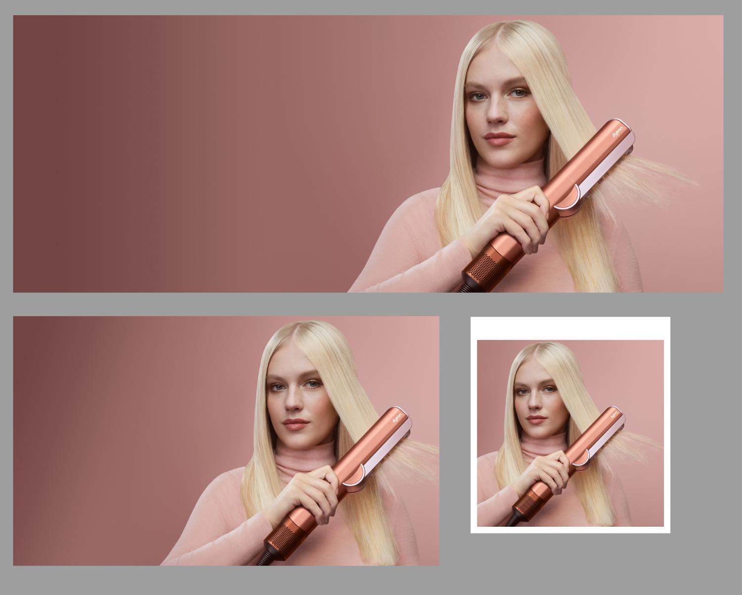 Dyson Airstrait dryer and straightener used by a model to dry her hair.