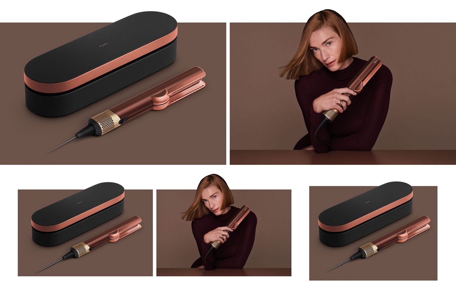 Dyson Airstrait dryer and straightener with Presentation case and a model holding the device.