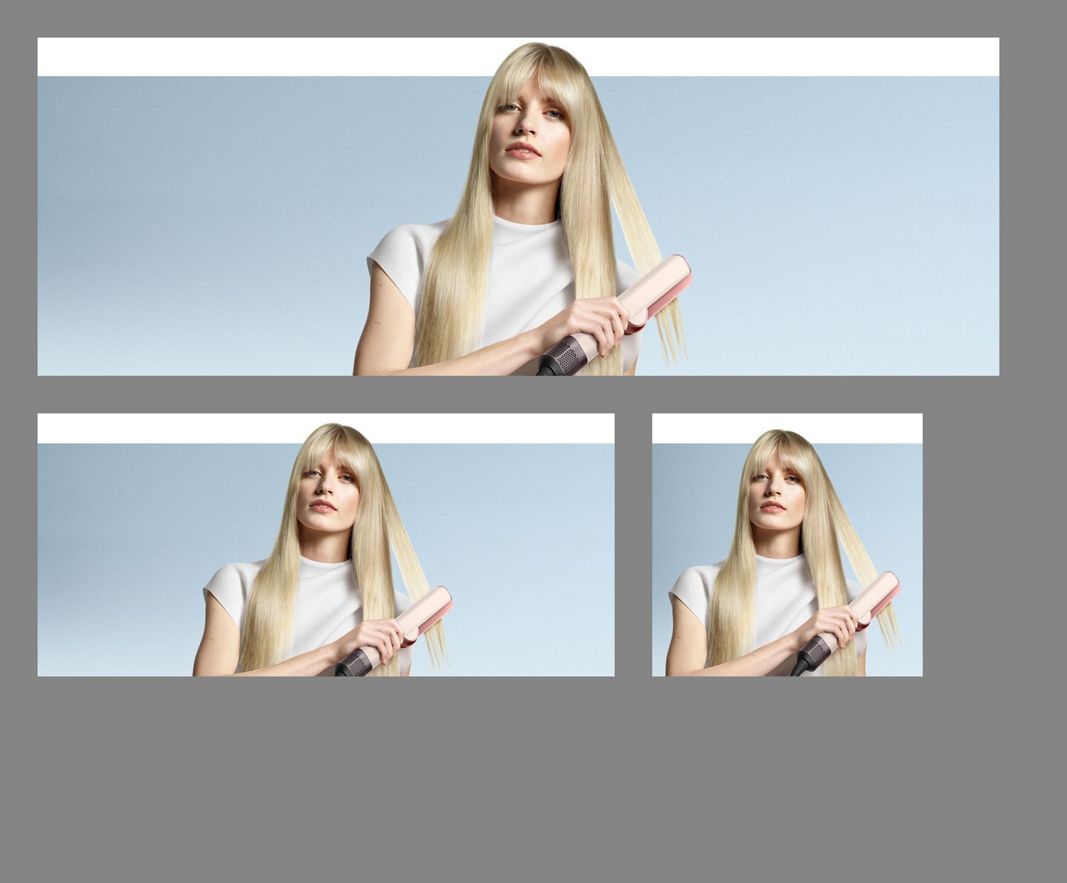 Das Model präsentiert eine glatte, geschmeidige Langhaarfrisur, erzielt mit dem Dyson Airstrait Haartrockner und -glätter.