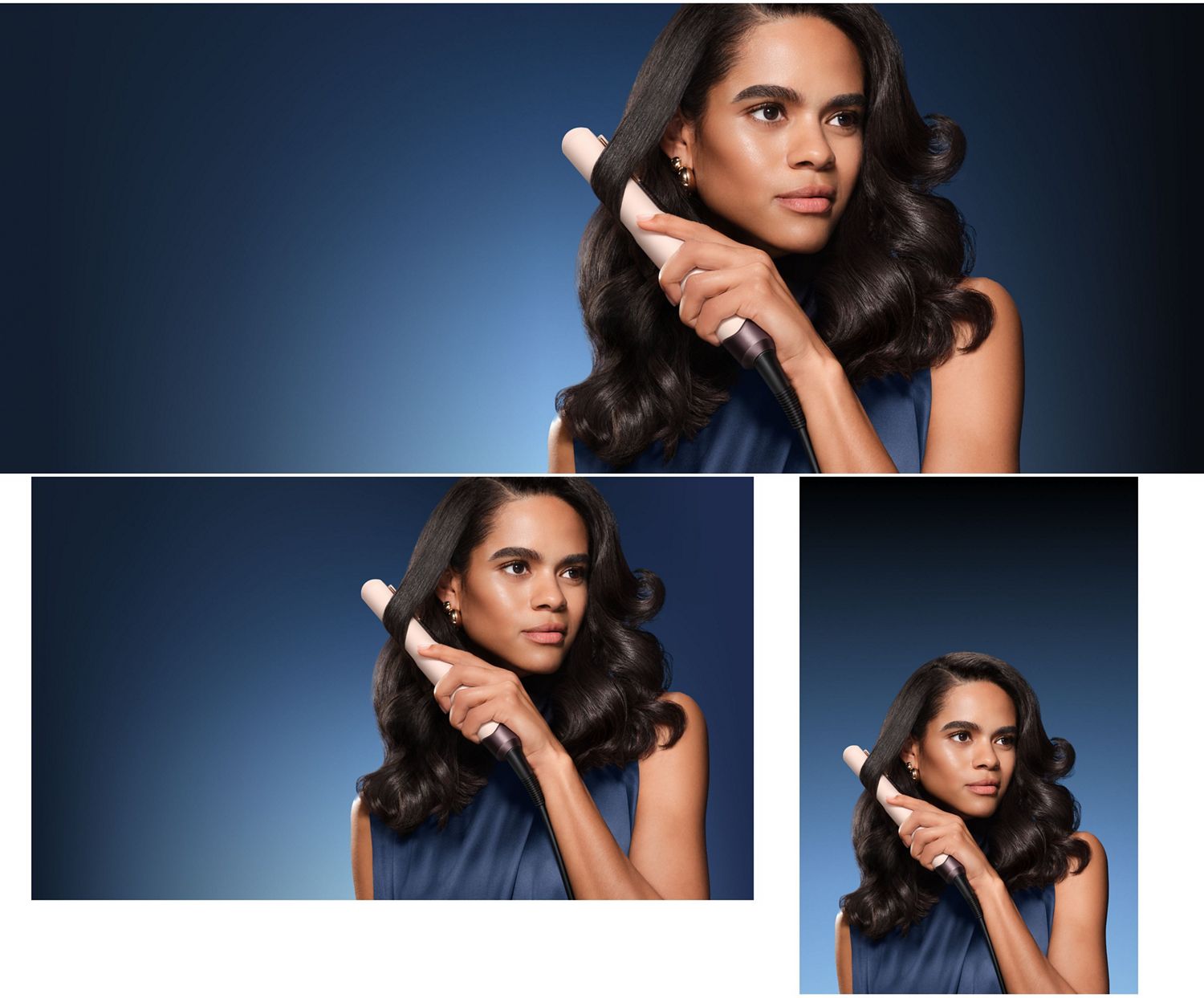 Model curls her hair with the Dyson Corrale CoolShine hair straightener.