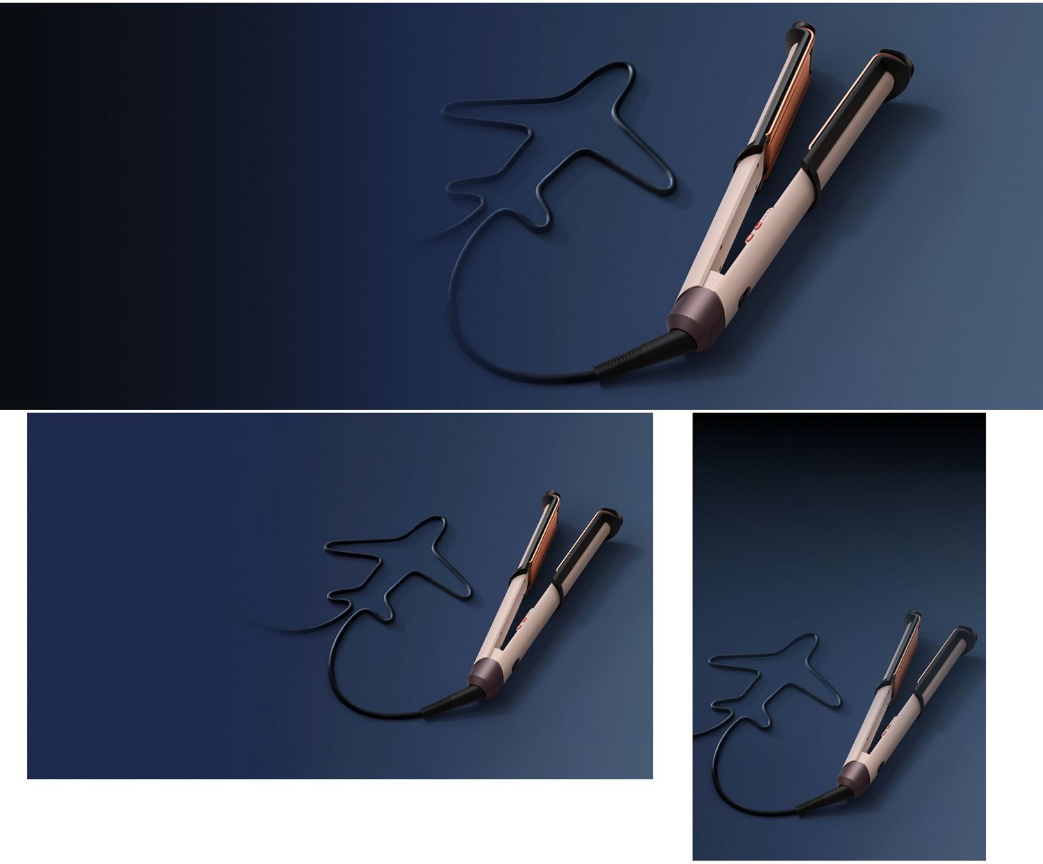 Dyson Corrale CoolShine hair straightener with cable shaped like an airplane.
