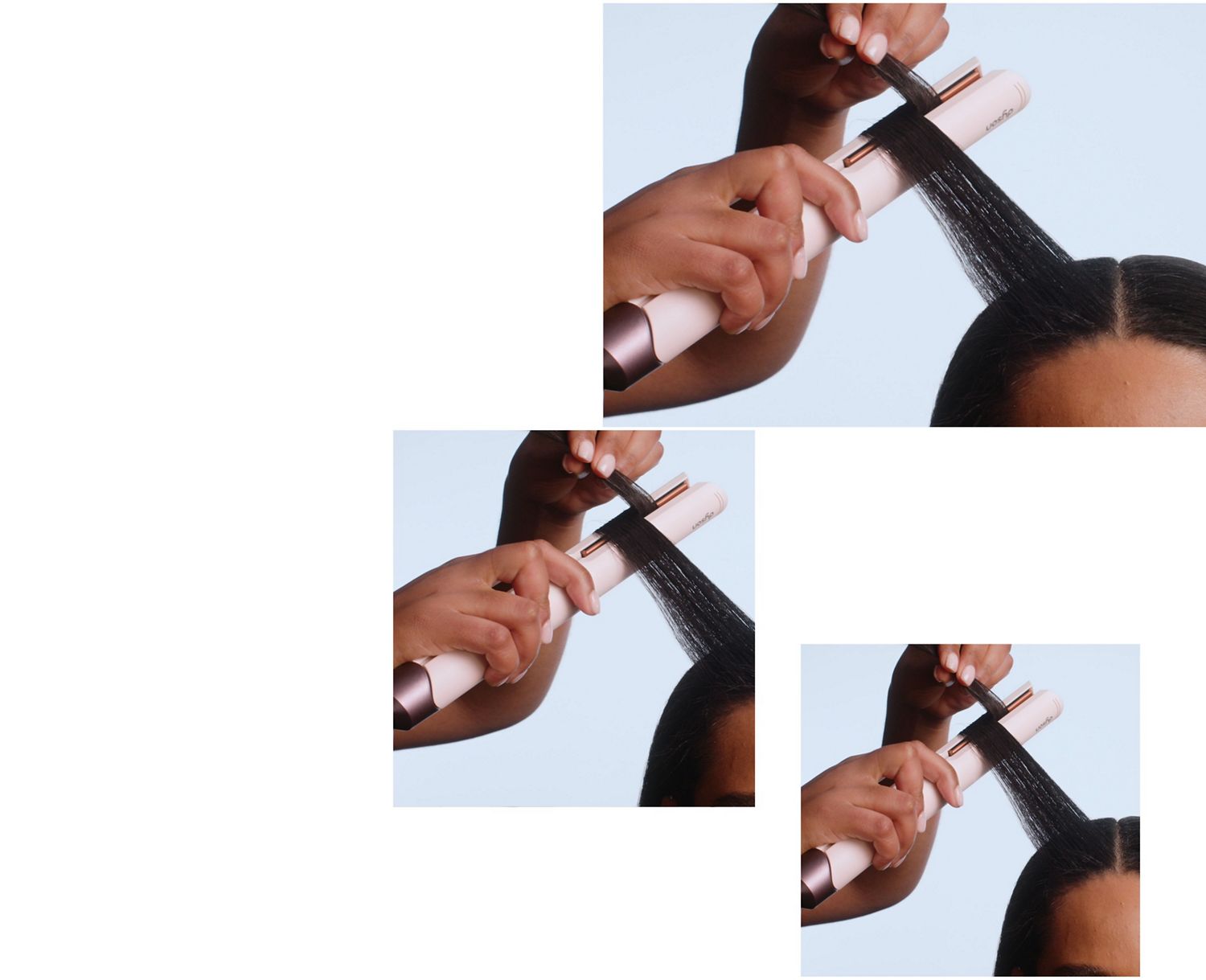 Hair is styled with the Dyson Corrale CoolShine hair straightener.