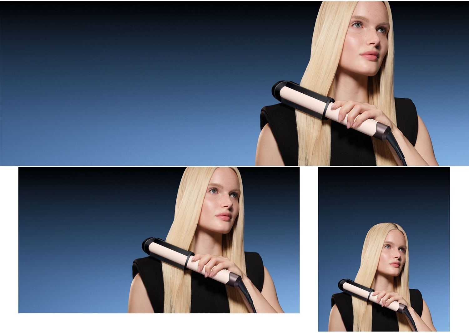 Ein Model glättet ihr Haar mit dem Dyson Corrale CoolShine Haarglätter.