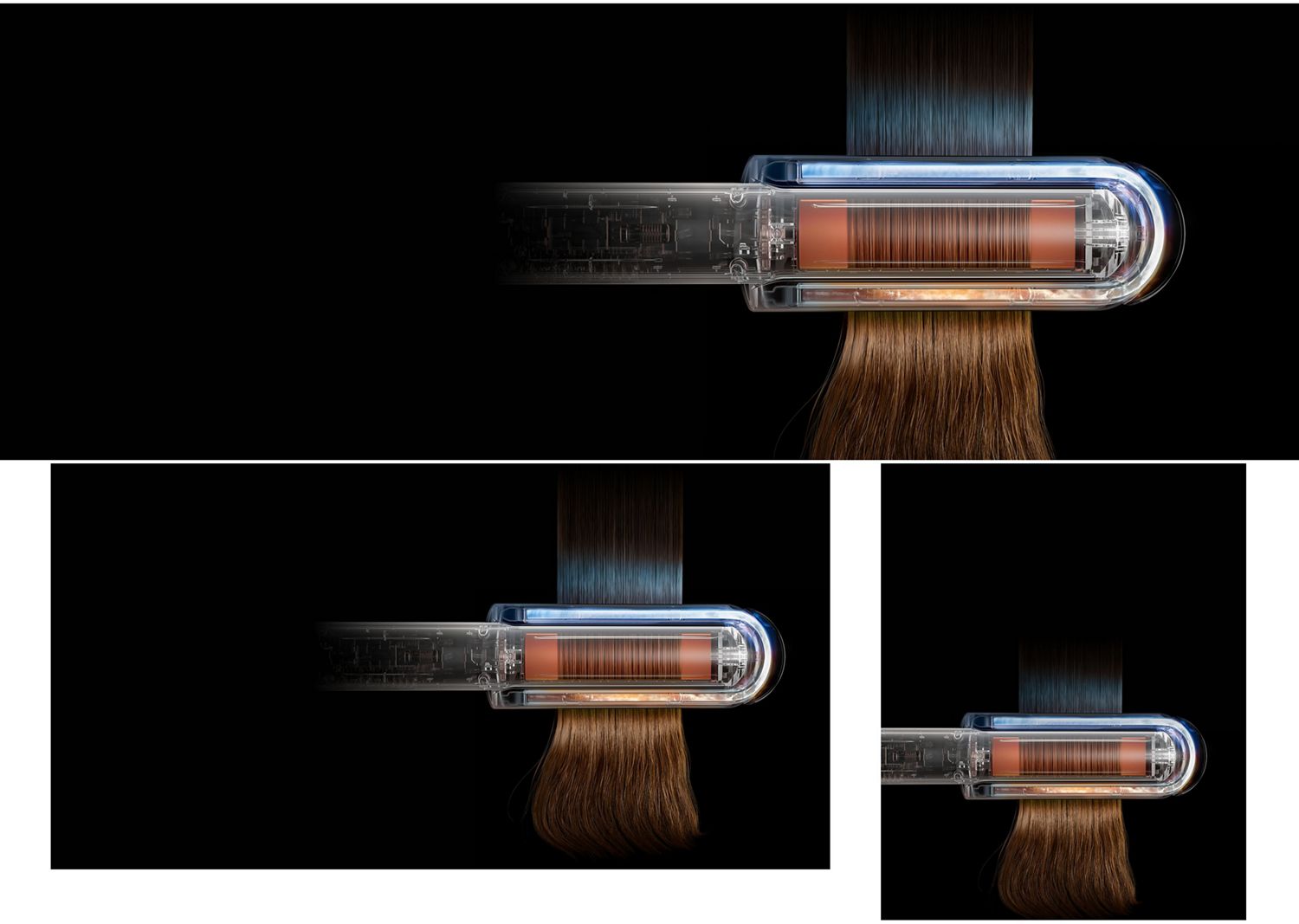 Das Haar wird mit dem Dyson Corrale CoolShine Haarglätter geglättet.
