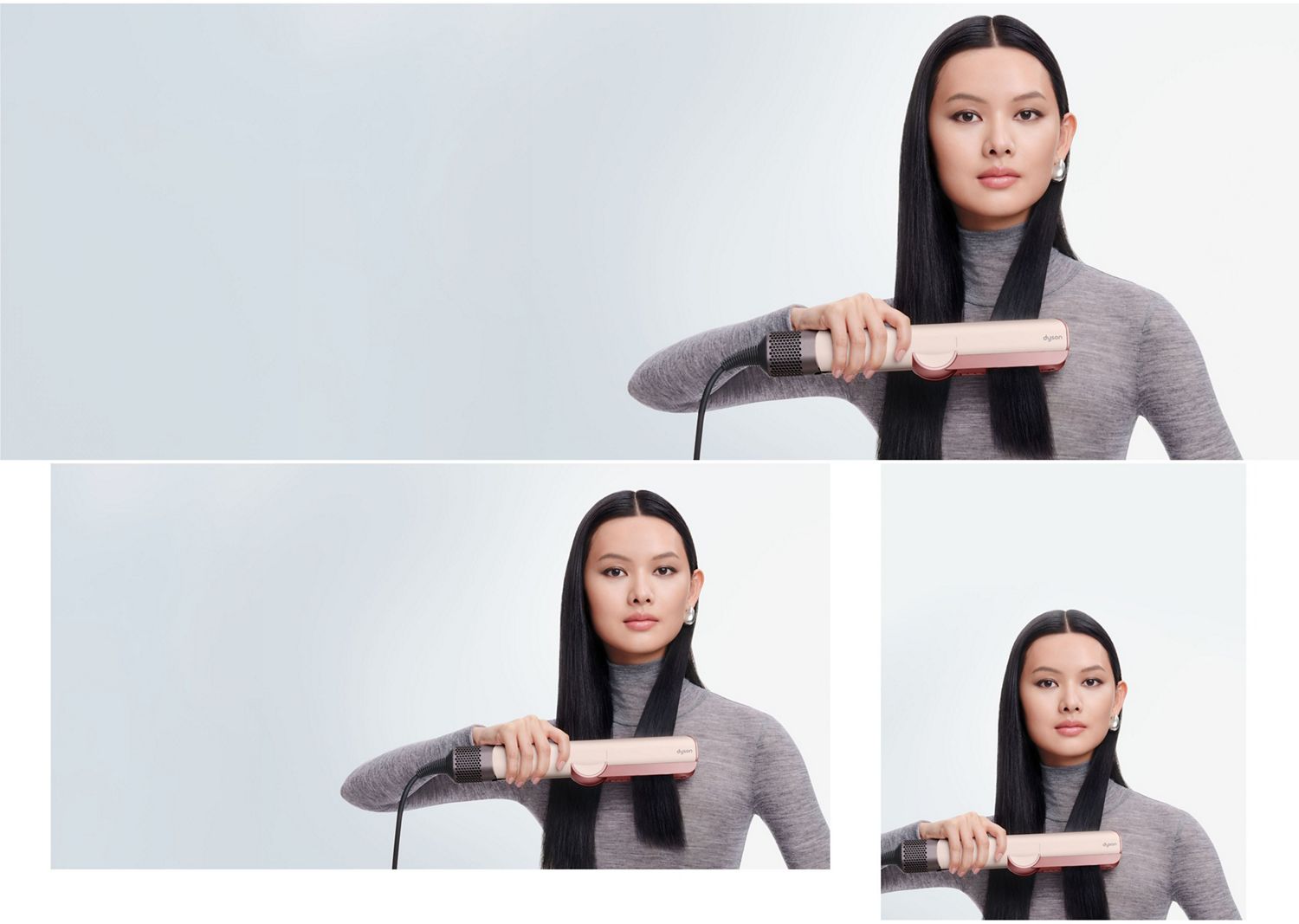 Model verwendet den Dyson Airstrait Haartrockner und -glätter zum Stylen ihrer Haare.